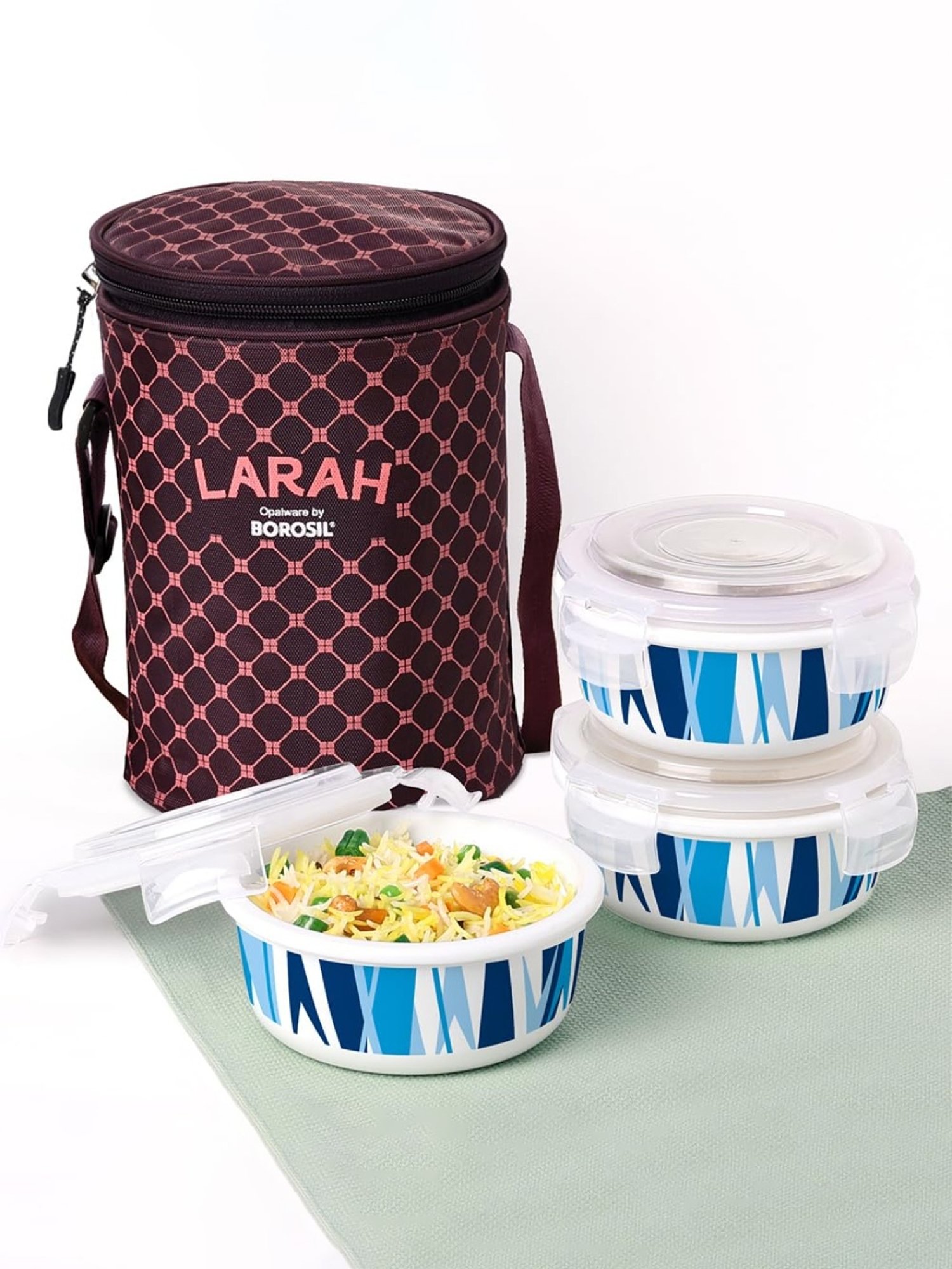 Larah by Borosil Blue Opalware Lunch Box with Lunch Bag