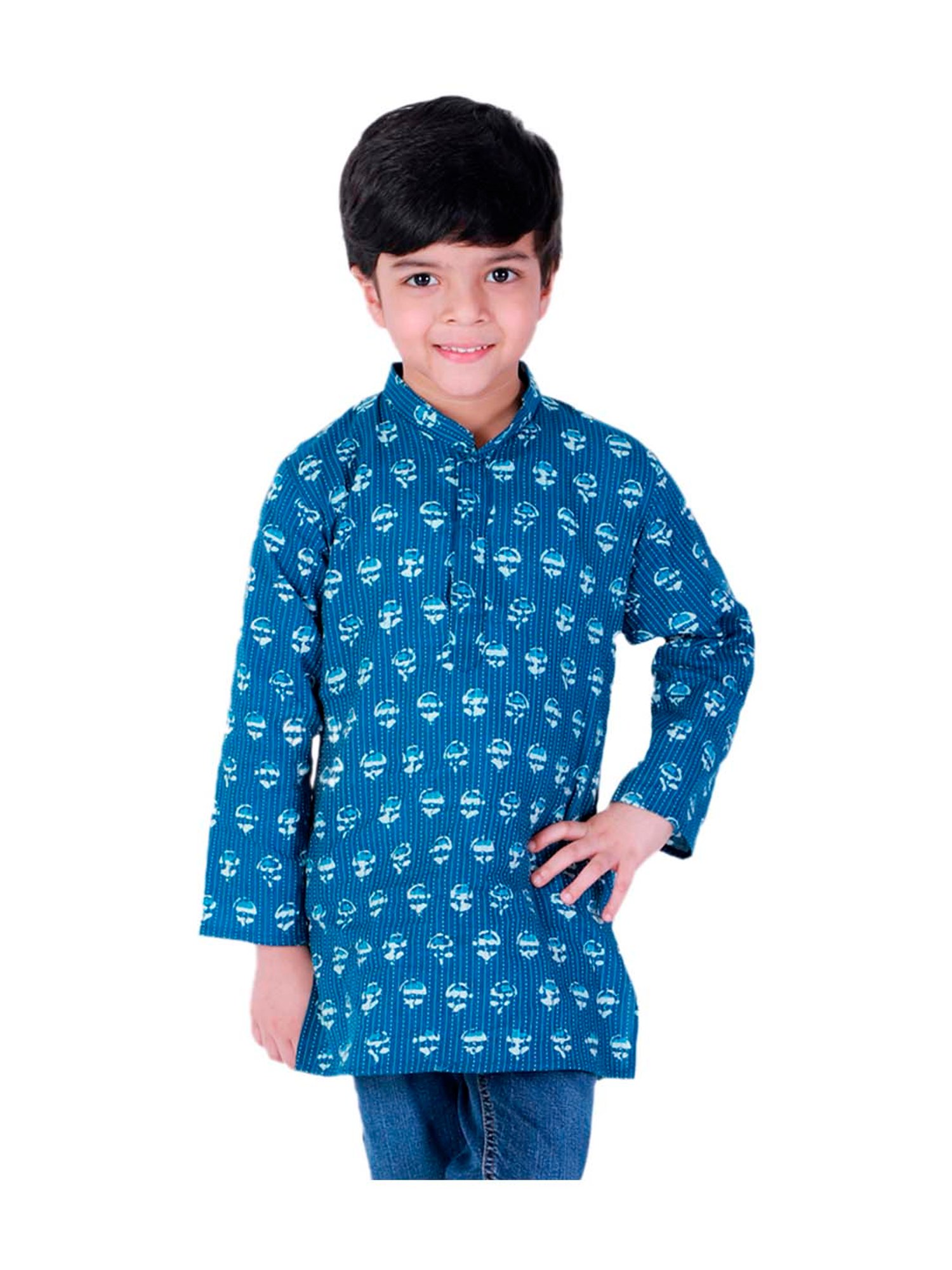 BownBee Kids Blue Cotton Printed Kurta
