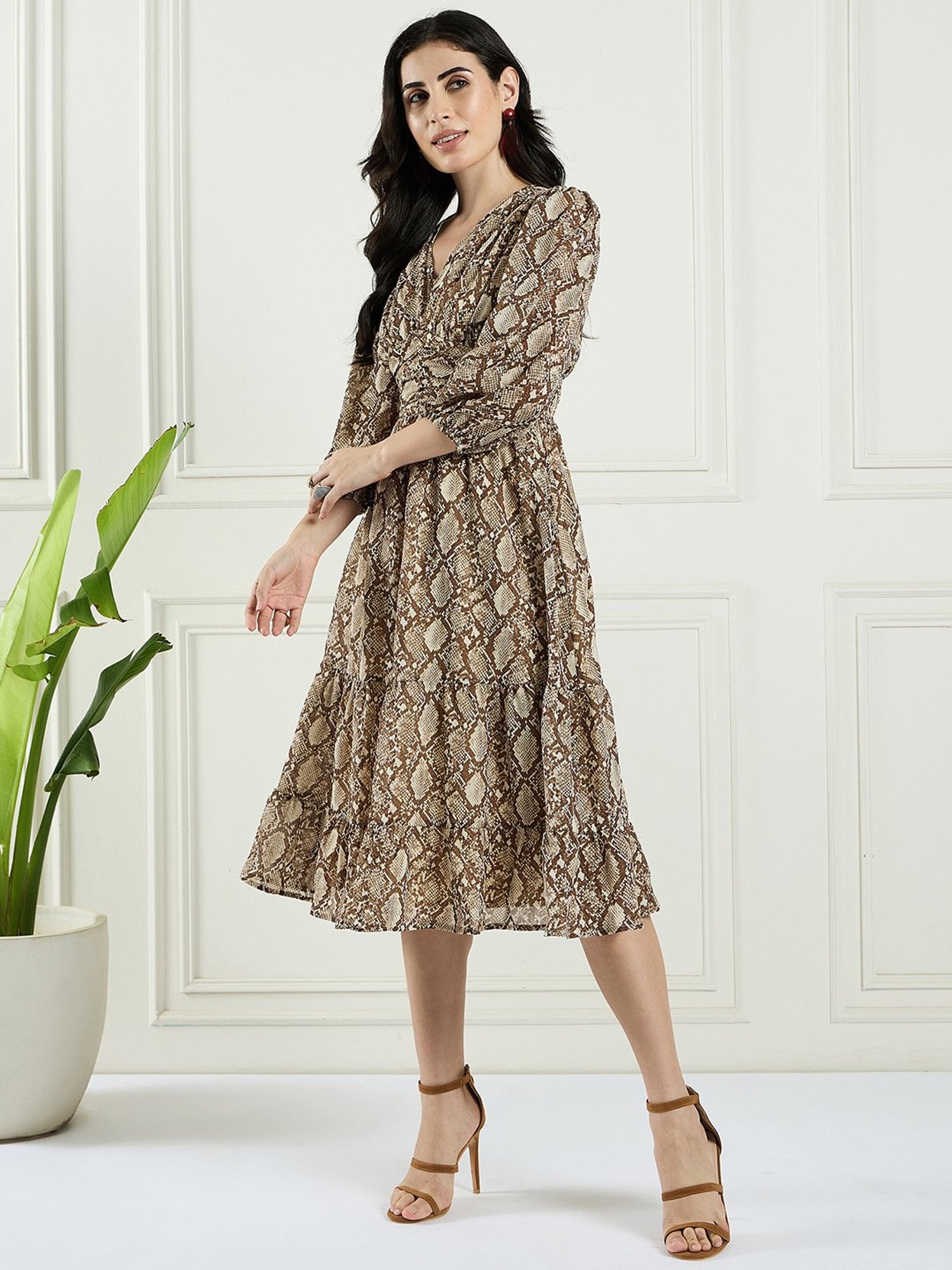 Magre Brown Printed Fit & Flare Dress