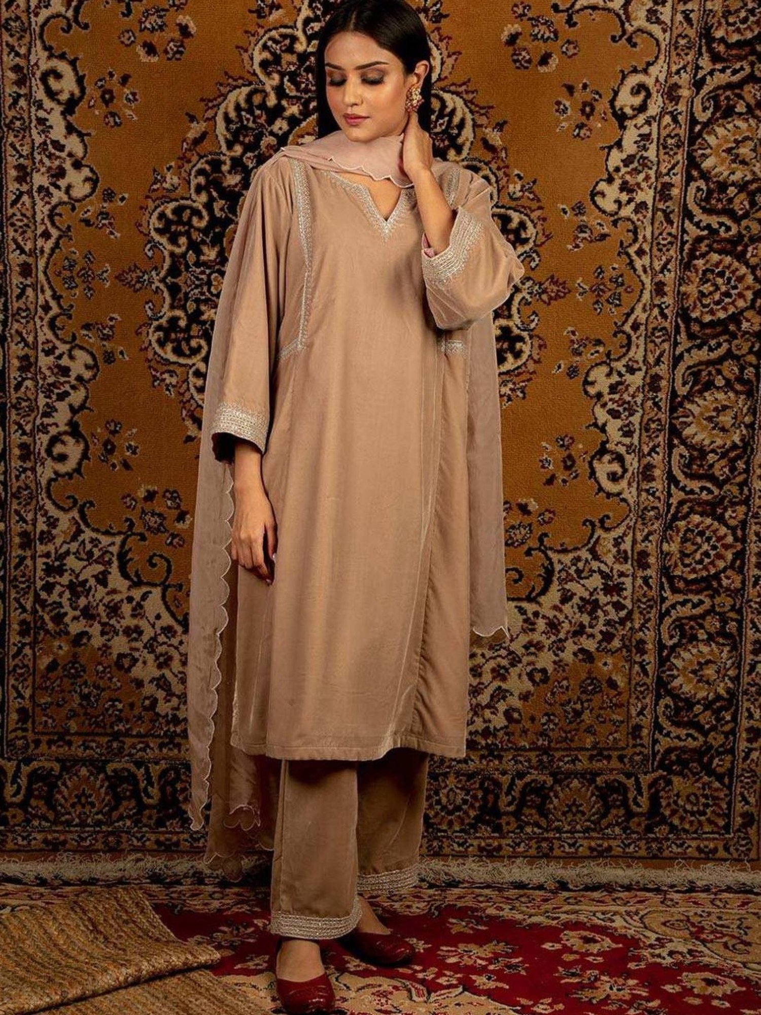 Priya Chaudhary Light Brown Naaz Embroidred Silk Velvet Kurta