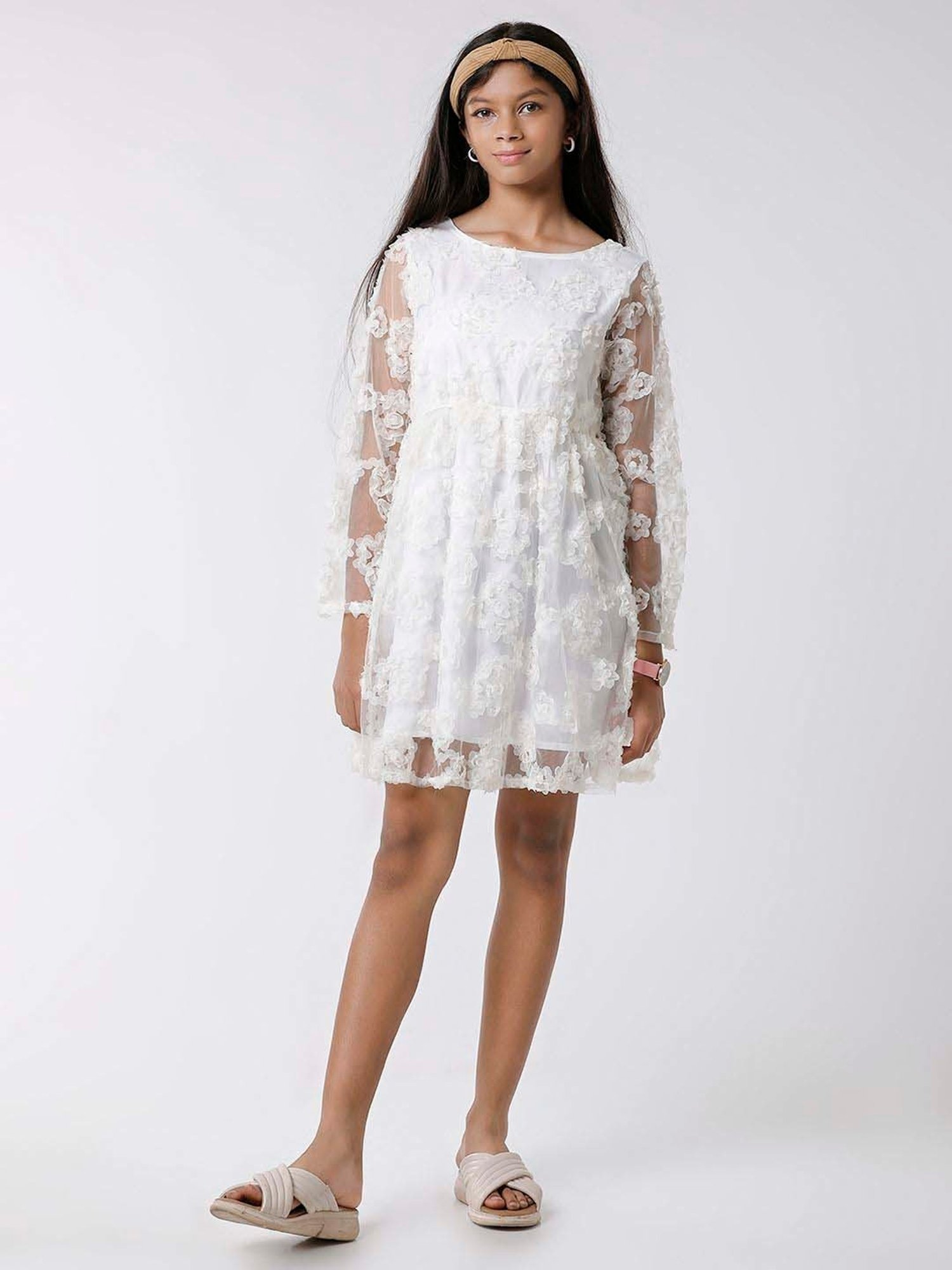 Kate & Oscar Kids Off-White Regular Fit Full Sleeves Dress
