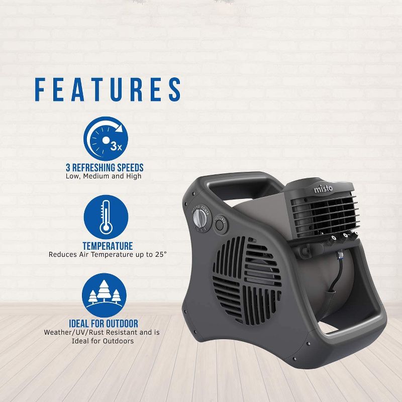 Lasko 7050 Misto 3-Speed Adjustable Angle Outdoor Camping Mister Portable Electric Cooling Water Misting Fan for Patio, Picnics & Decks, Black