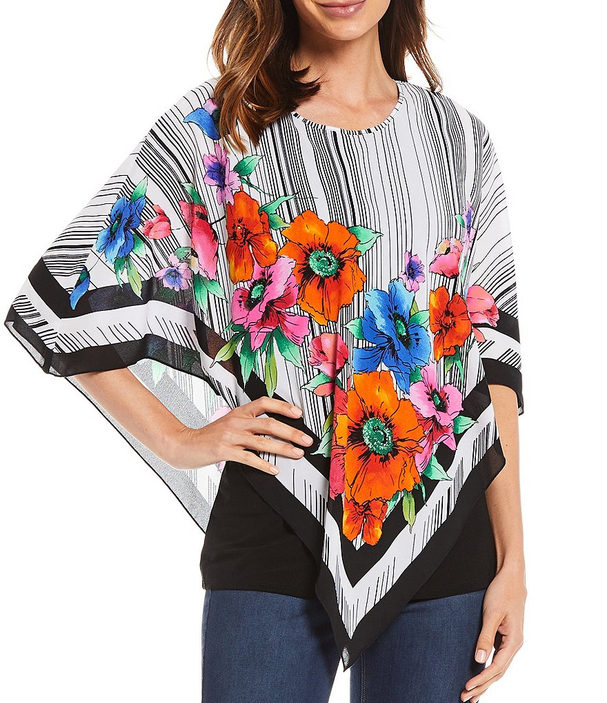 Slim Factor by Investments Floral Scarf Print Overlay Round Neck Poncho Top