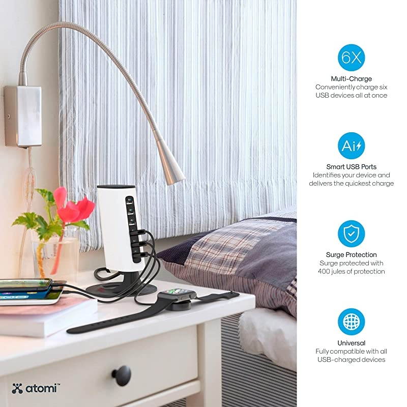 Charge Tower Pro - USB Desktop Charging Station, 6 Ports with Ai Rapid-Charge Technology - Black and White