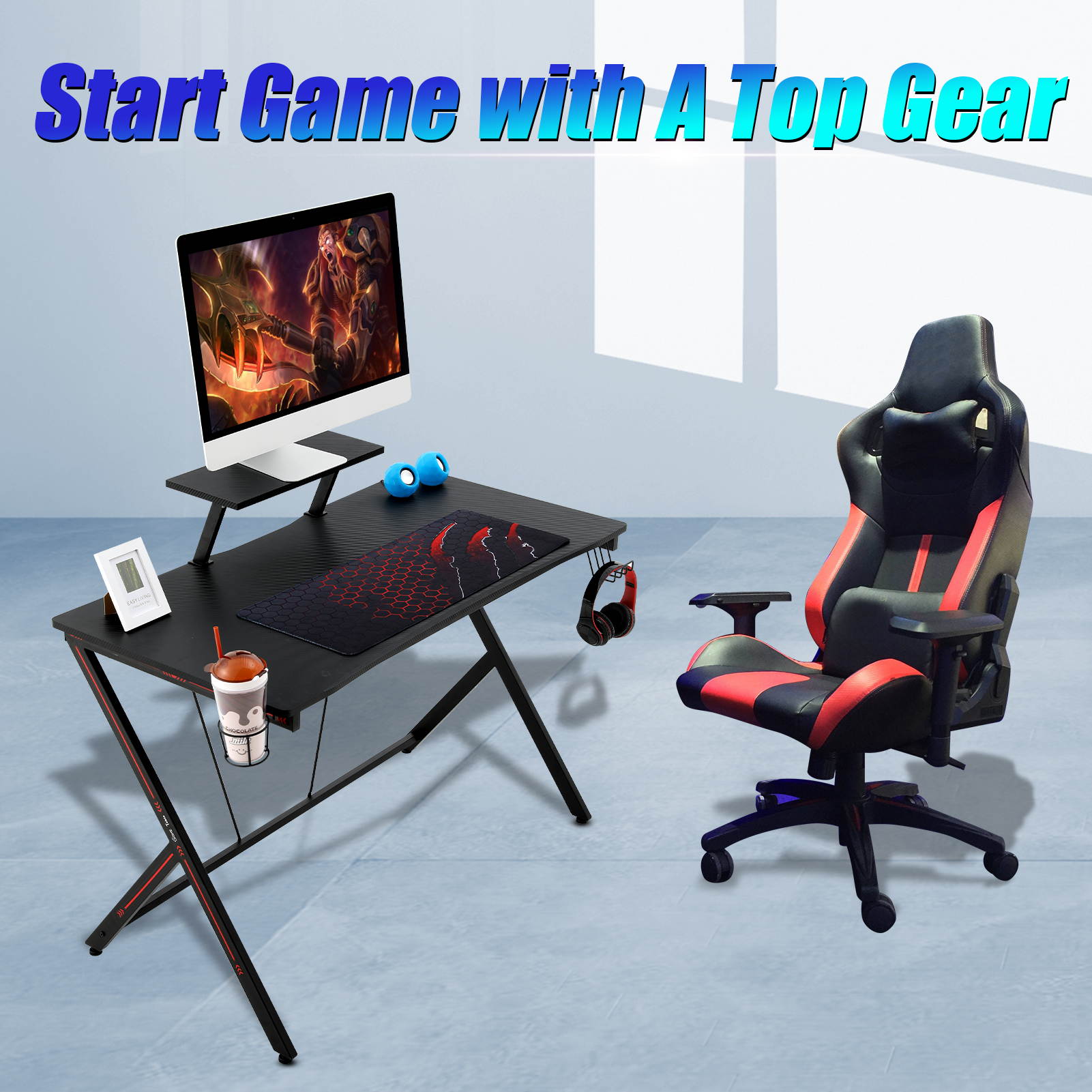 Gome Gaming Computer Desk for Home Office - 47" Large PC Writing Desk for Small Space, Modern Wood Desk with Monitor Stand, Ergonomic Study Work Desk Black