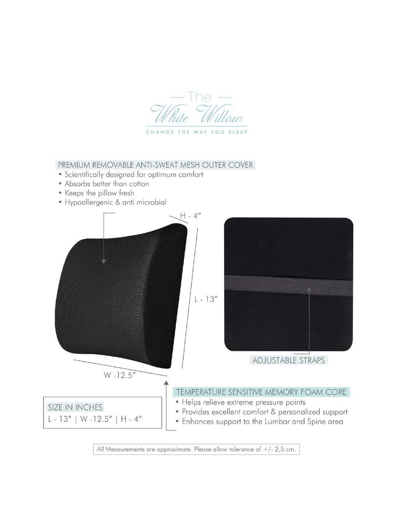 The White Willow Black Back Support Cushion - Set of 1