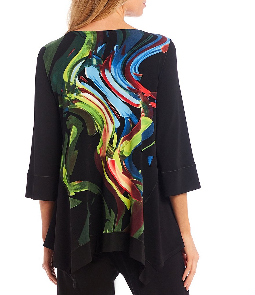 Eva Varro Evelyn Abstract Placement Print A-Line Hi-Low Boat Neck 3/4 Sleeve Tunic