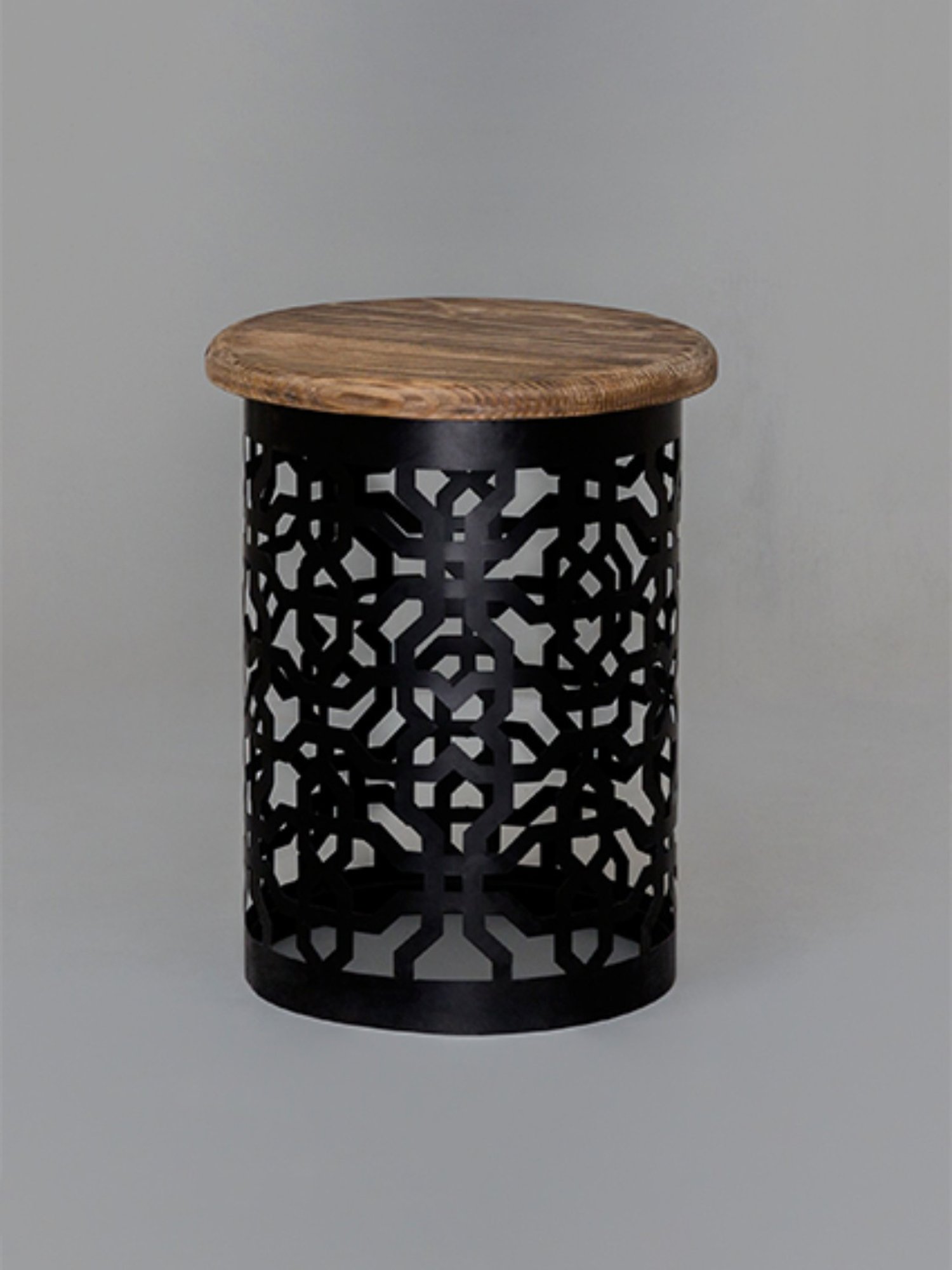 Artisans Rose Brown Pine Wood & Iron Stool with Filigree Stand