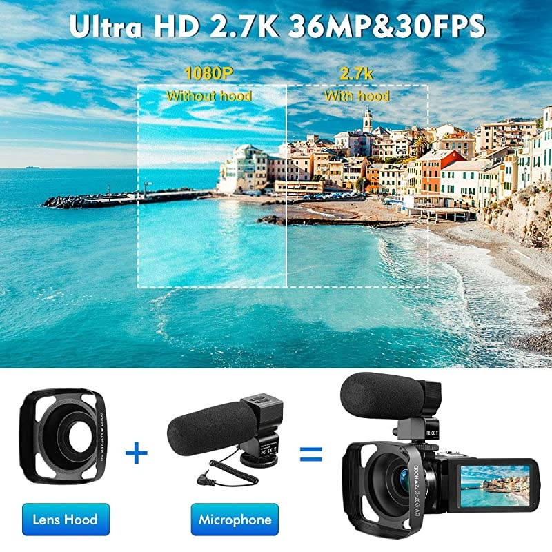Camera Camcorder Digital Youtube Vlogging Camera 27K Full HD 36MP30FPS IR Night Vision 30quot IPS Touch Screen 16X Digital Zoom Camcorder with Microphone Remote Control 2 Batteries