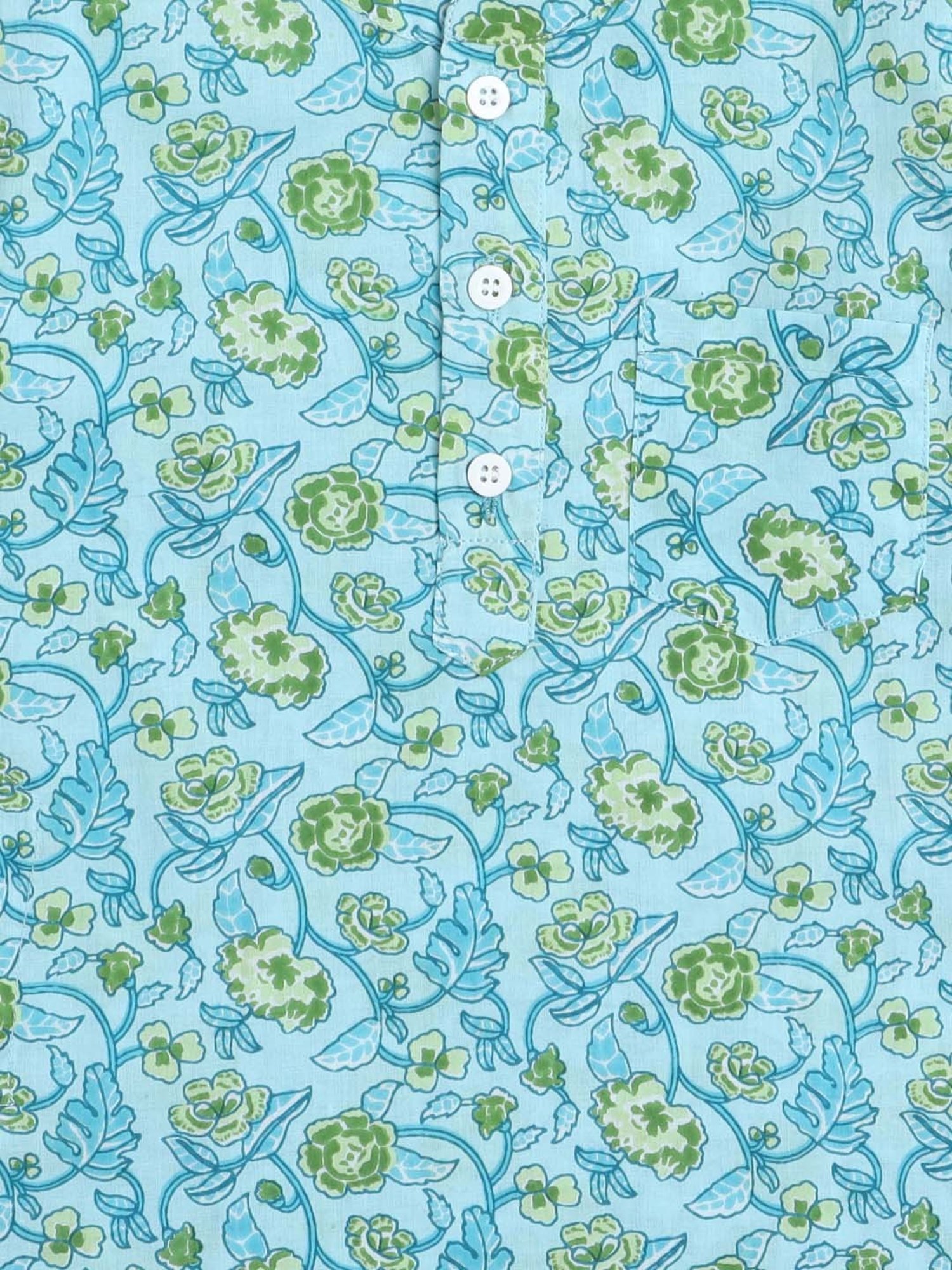 The Magic Wand Kids Turquoise Blue & White Cotton Floral Print Full Sleeves Kurta Set