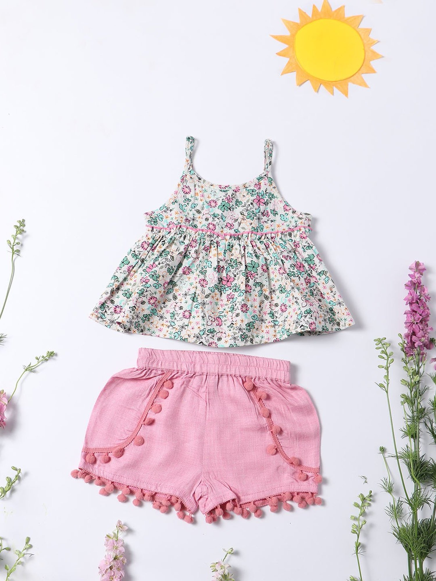 Nauti Nati Kids White & Pink Floral Print Top with Shorts