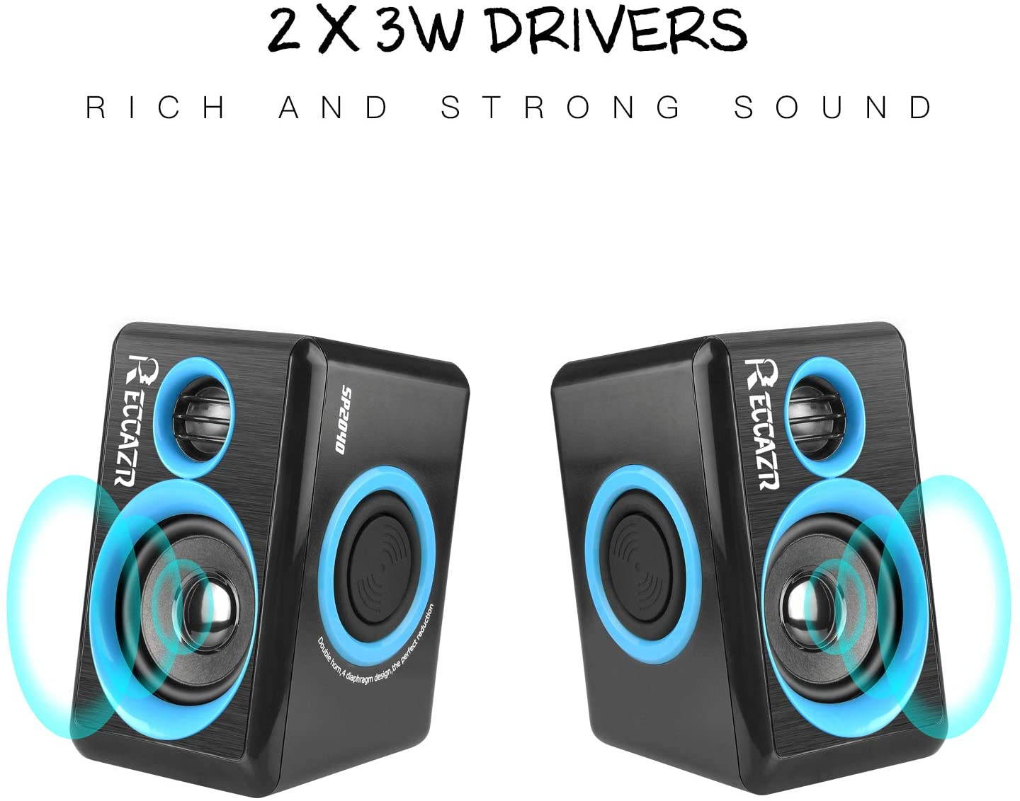 RECCAZR SP2040 Surround Computer Speakers with Deep Bass USB Wired Powered Multimedia Speaker for PC/Laptops/Smart Phone Built-in 4 Loudspeaker Diaphragm(Blue)