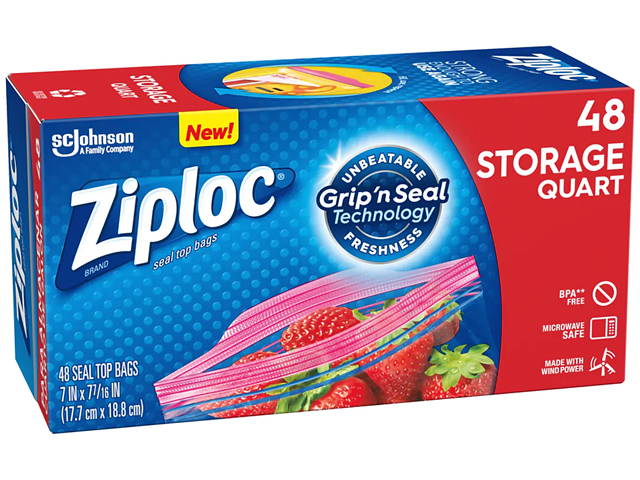 Ziploc 314469 Double Zipper Storage Bags, 1 qt, 1.75 mil, 9.63" x 8.5", Clear, 9/Carton