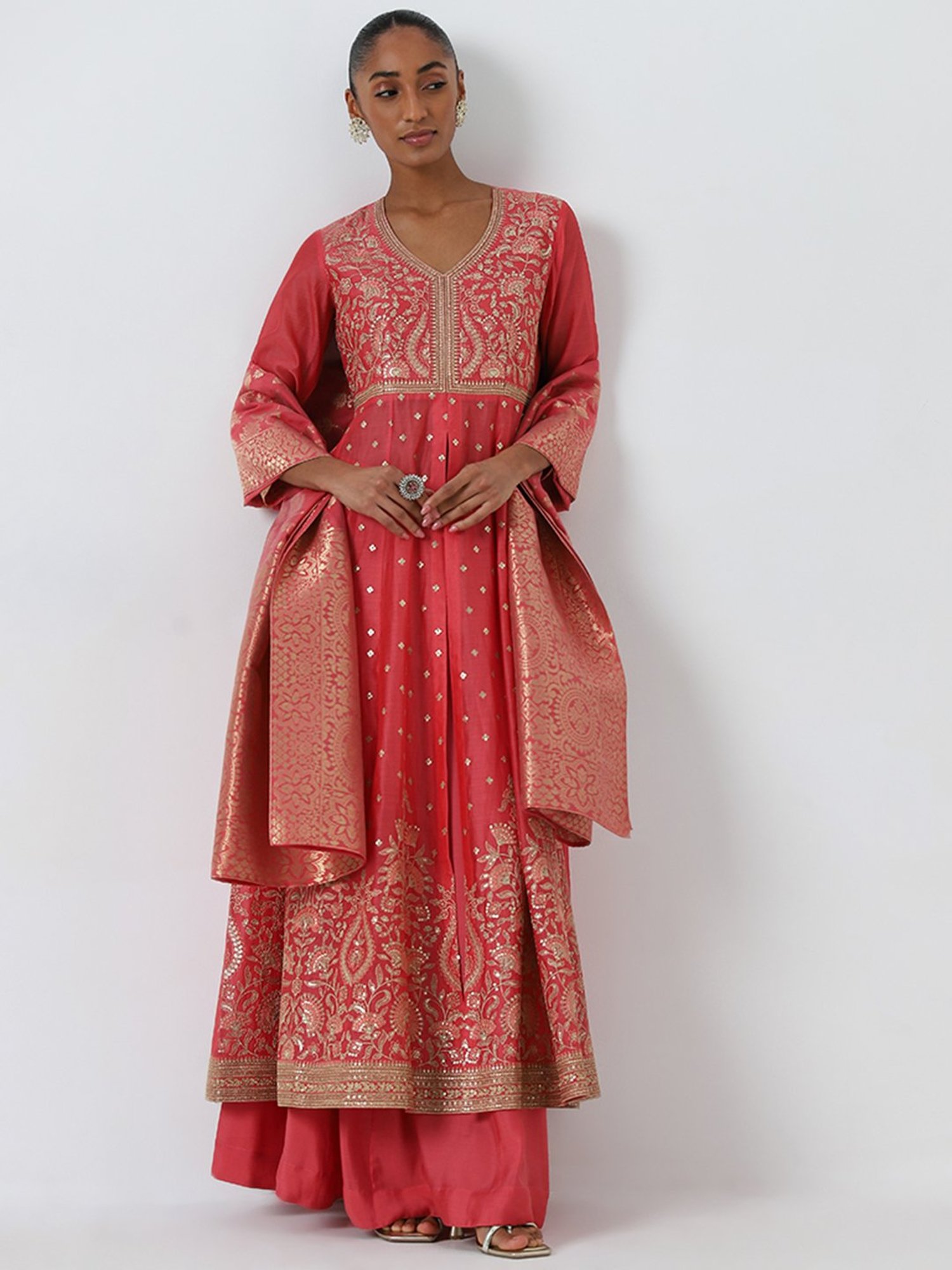 Vark by Westside Pink Floral Embroidered Kurta, Skirt and Dupatta Set