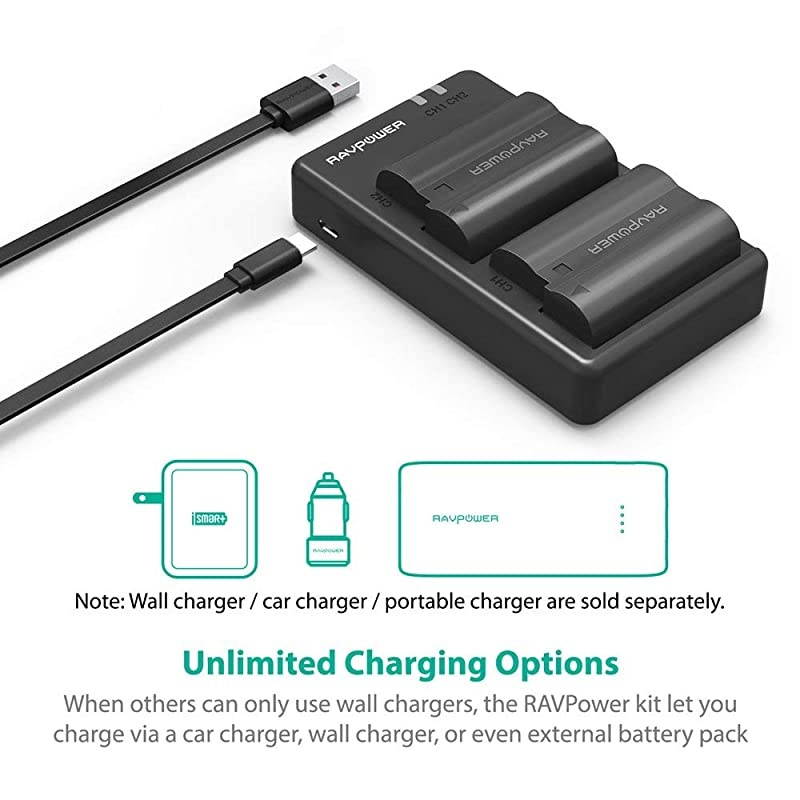 EN-EL15 EN EL15a  Battery Charger Set Compatible with Nikon d750, d7200, d7500, d850, d610, d500, MH-25a, d7200, z6, d810 Batteries (2-Pack, Micro USB Port, 2040mAh)