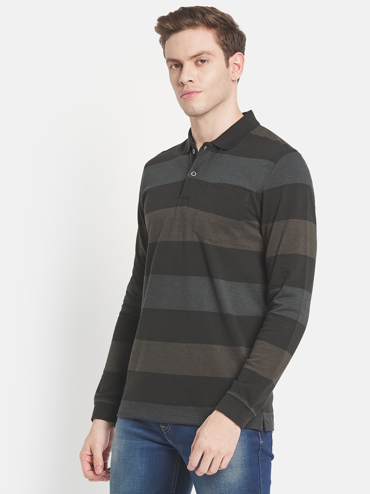 Mettle Olive Cotton Regular Fit Striped Polo T-Shirt