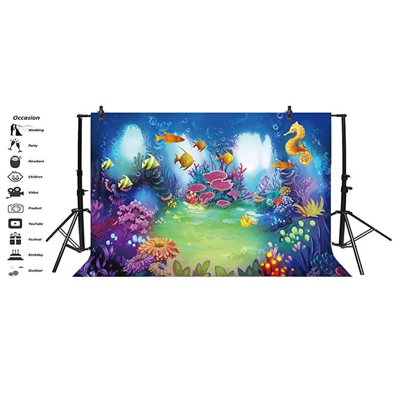 7x5ft Cartoon Marine Theme Vinyl Photography Background Underwater Dreamland Sea Horse Fishes Coral Backdrop Child Kids Baby Birthday Party Banner Safari Mermaid Party Wallpaper