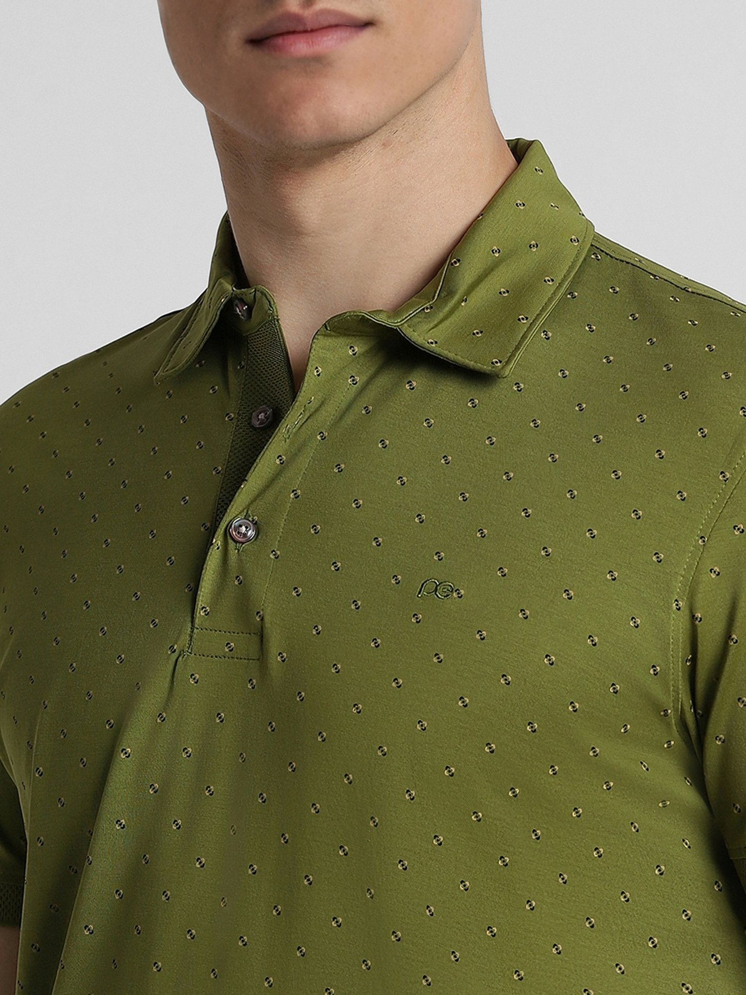 Peter England Green Cotton Slim Fit Printed Polo T-Shirt