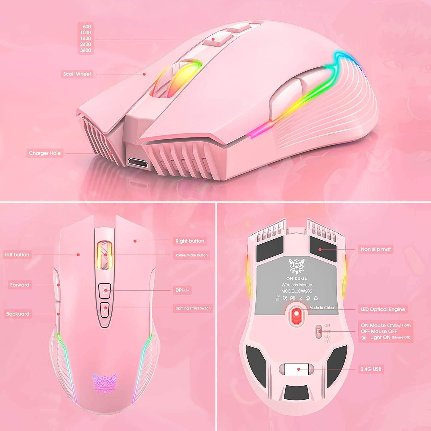 ONIKUMA RGB Wireless Gaming Mouse Rechargeable Computer Mice with RGB Backlit 5 Adjustable DPI Up to 3600 Ergonomic Laptop PC Mouse with 7 Buttons (Not Programmable) for Windows Vista Linux Pink
