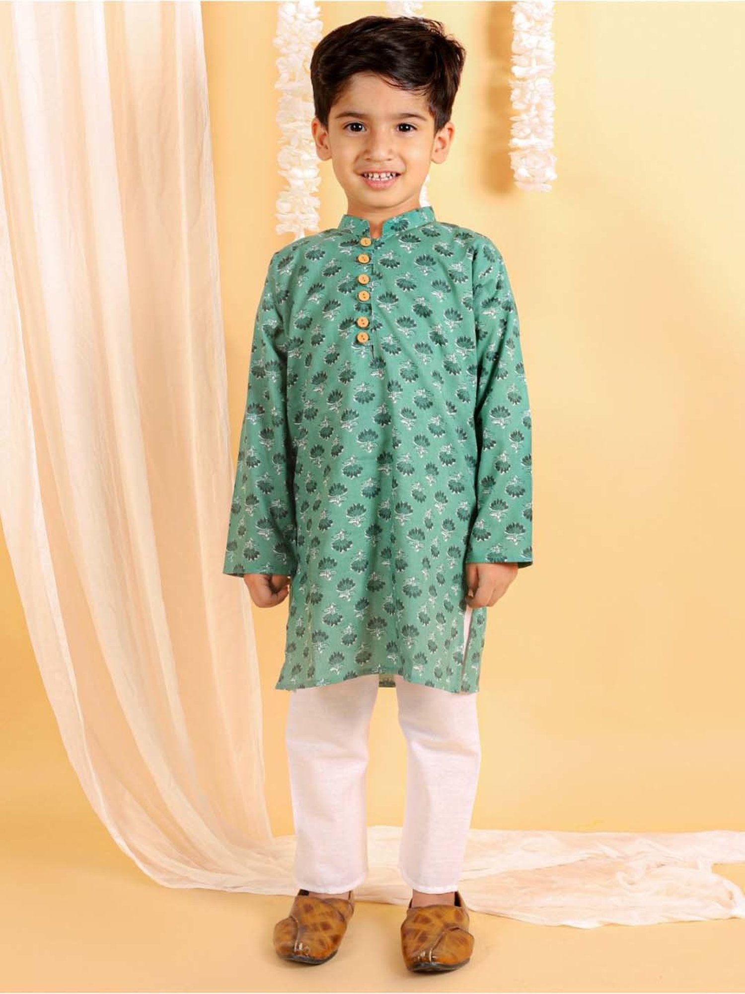 The Mom Store Kids Teal Blue & White Cotton Printed Full Sleeves Kurta Set