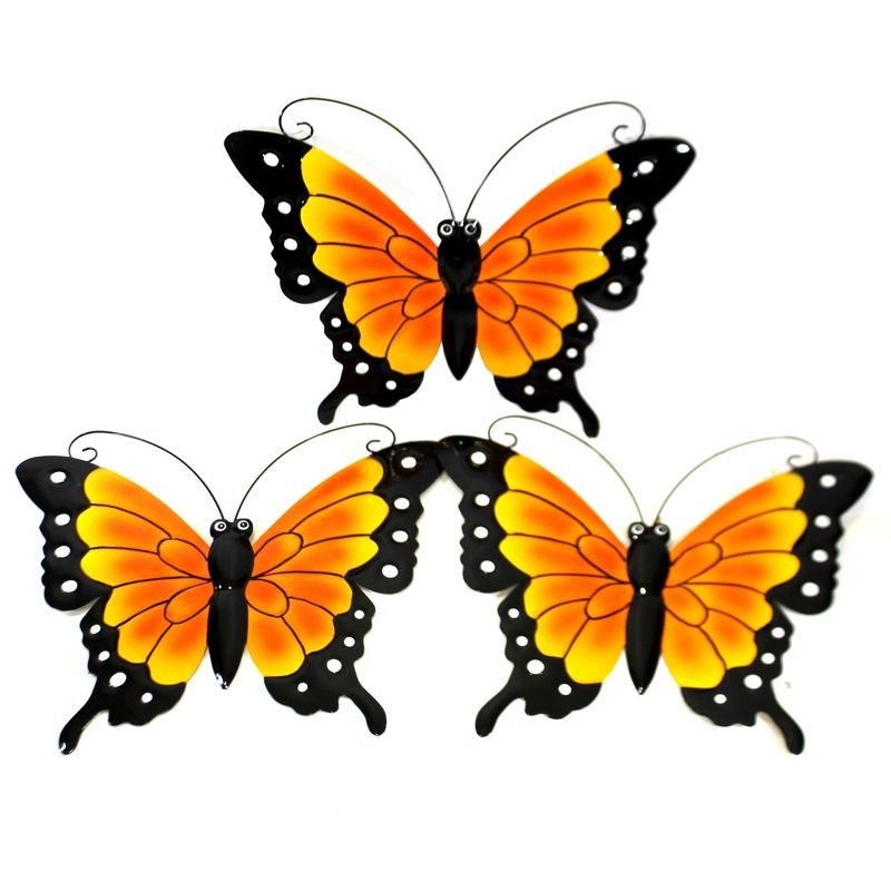 Home & Garden 13.25" Set / 3 Butterfly Wall Hangings Yard Decor Orange Flower Summer Direct Designs International  -  Decorative Garden Stakes