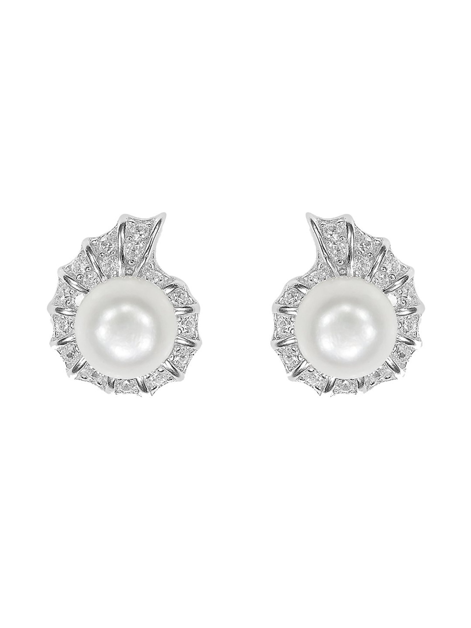 Taraash White Sterling Silver CZ & Pearl Stud Earrings
