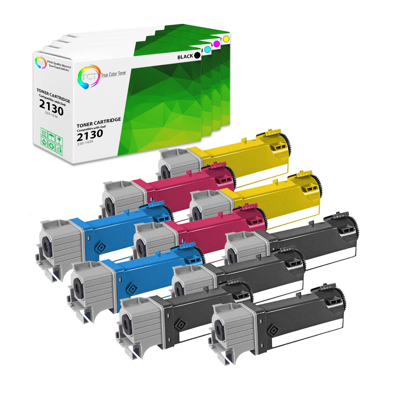 TCT Premium Compatible Toner Cartridge Replacement for Dell 2130CN 2135CN Printers (Black 330-1436, Cyan 330-1437, Magenta 330-1433, Yellow 330-1438) - 8 Pack