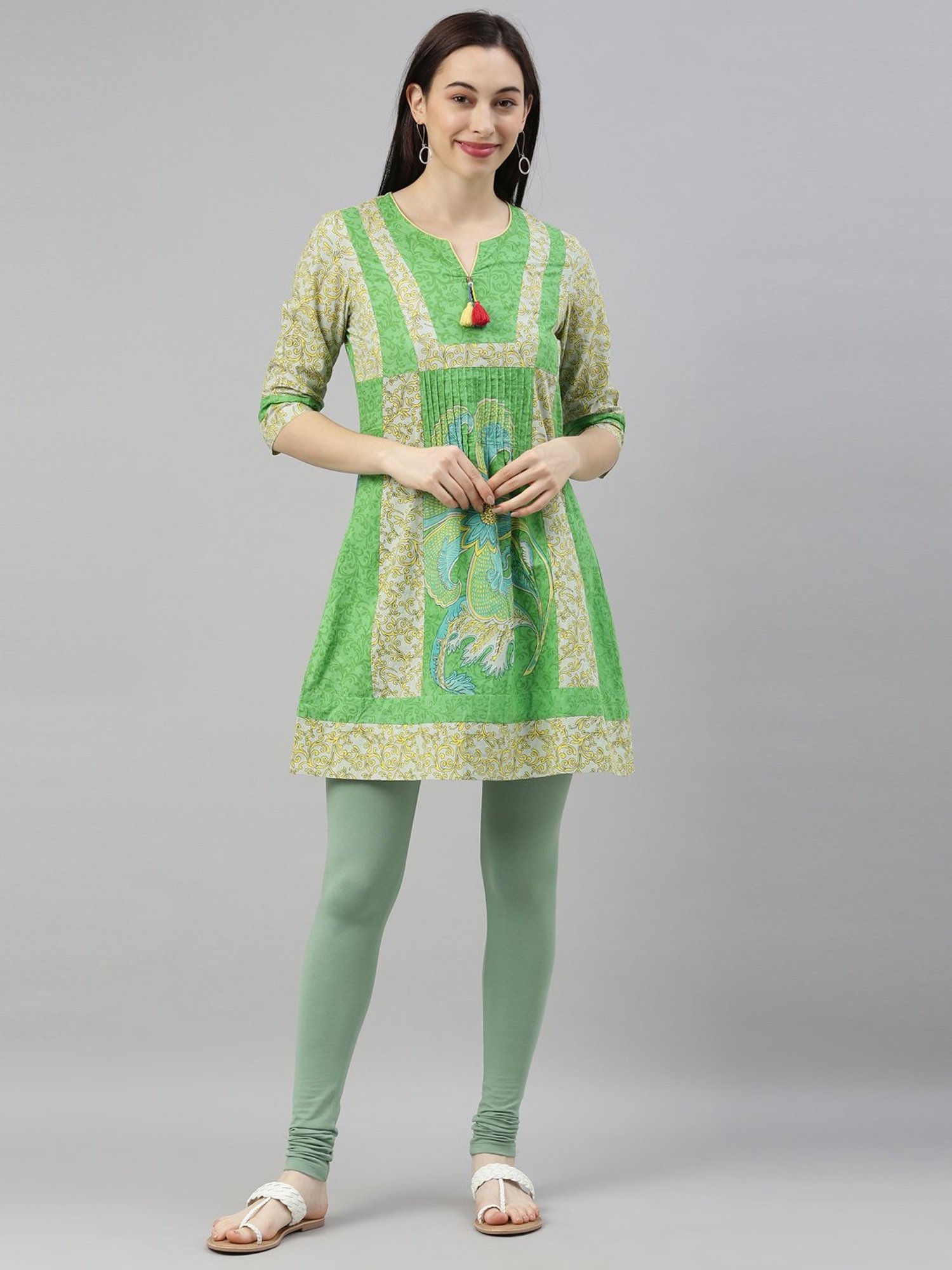 TWIN BIRDS Green Cotton Full Length Leggings