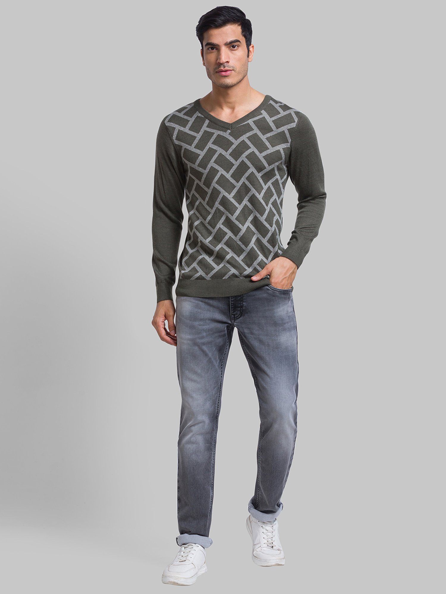 Parx Green Regular Fit Printed Sweater