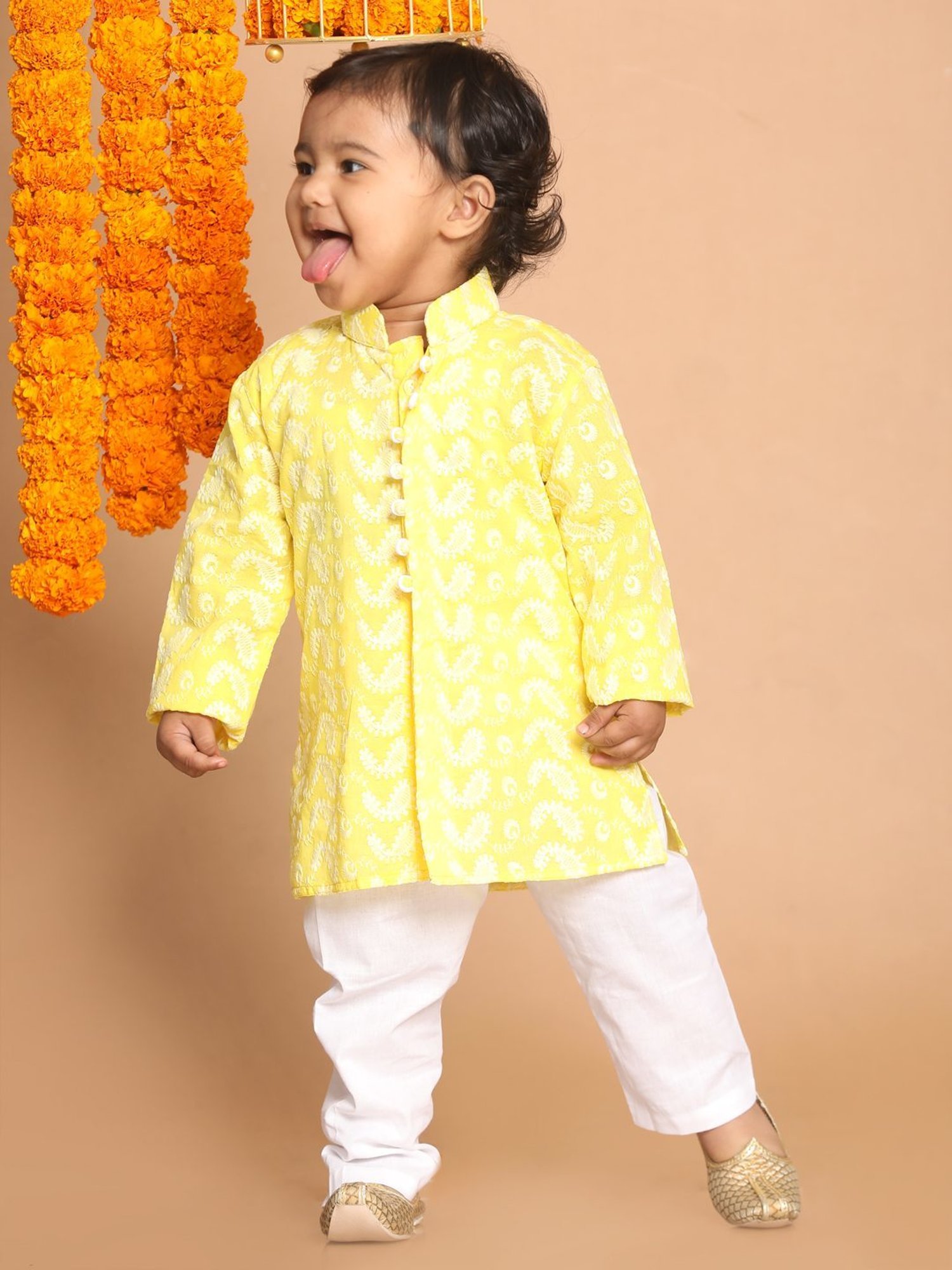 VASTRAMAY SISHU Mustard & White Cotton Embroidered Kurta Set