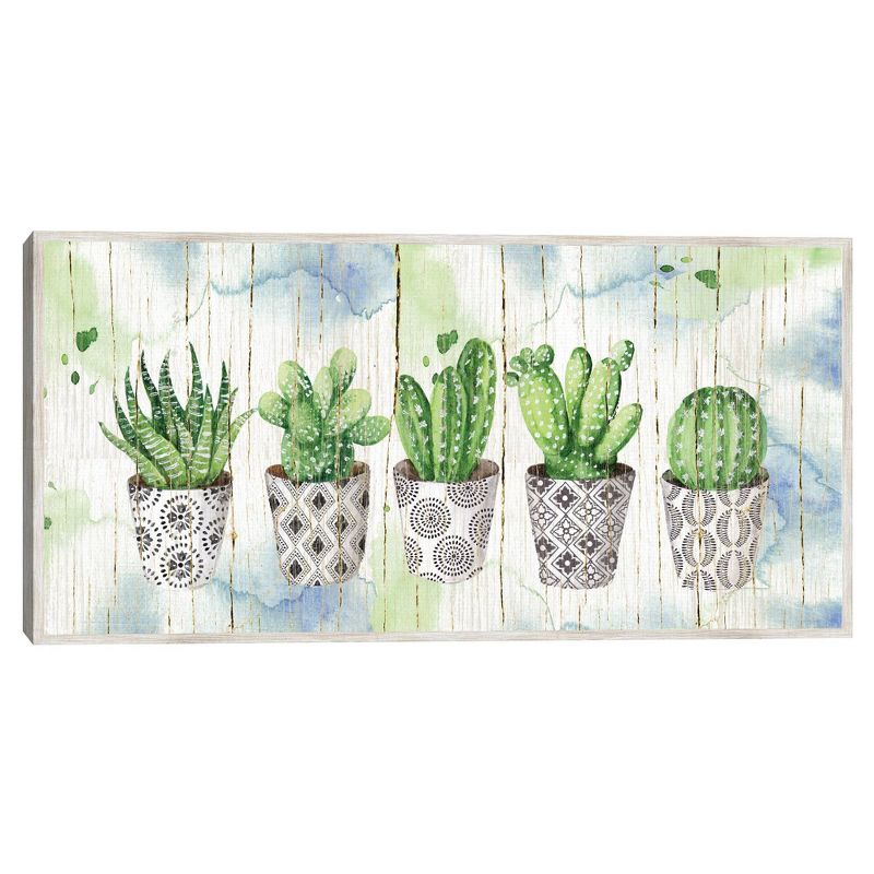 17" x 34" Potted Succulents on Wood by Elena Vladykina Framed Canvas Art Print - Masterpiece Art Gallery