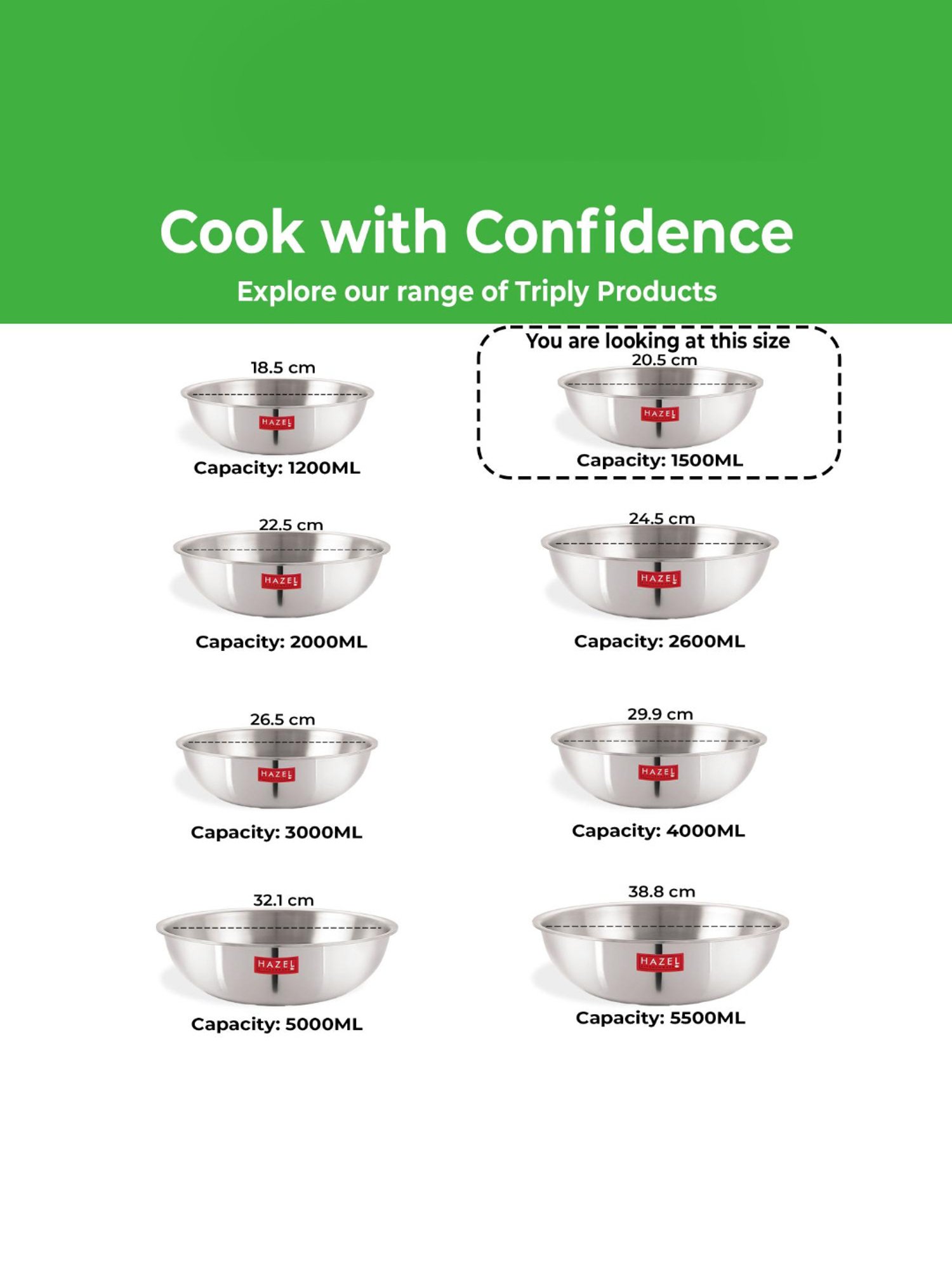 HAZEL Triply Stainless Steel Induction Bottom Tasra, 1.5 Litre, 20.5 cm