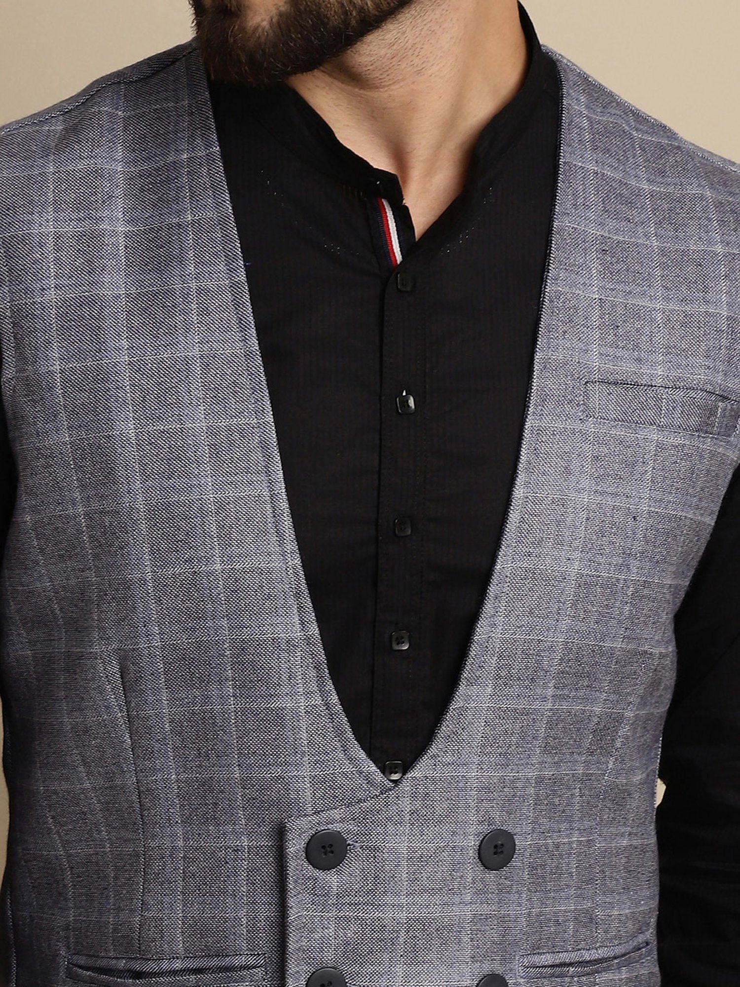 Even Slate Grey Regular Fit V Neck Check Waistcoat