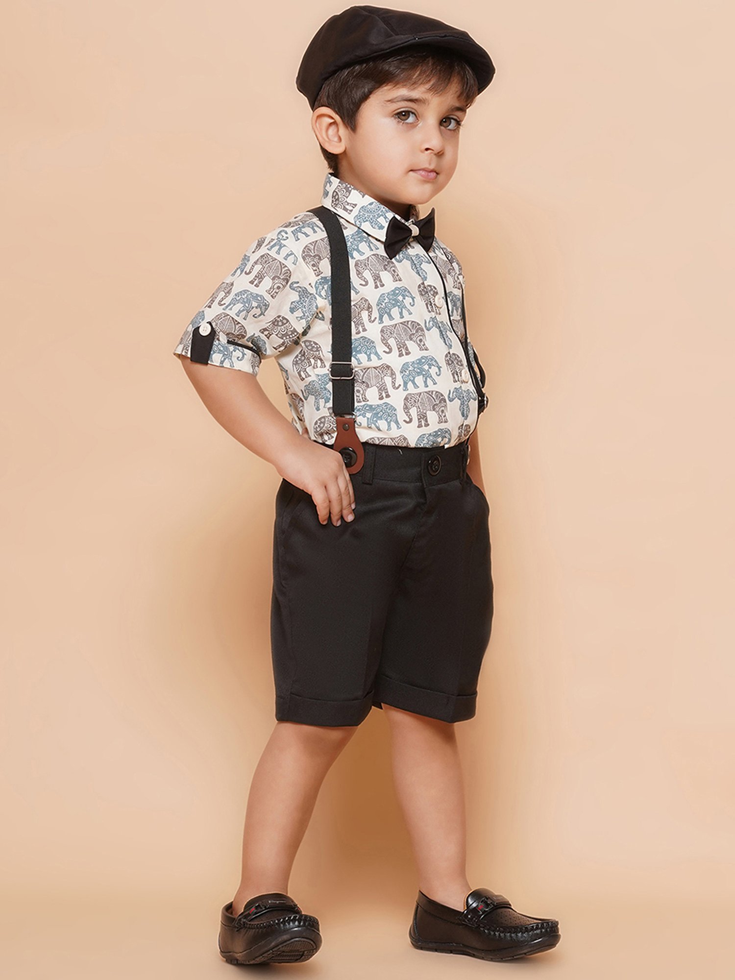 AJ Dezines Kids Black & White Printed Shirt, Shorts, Suspender, Bow with Cap