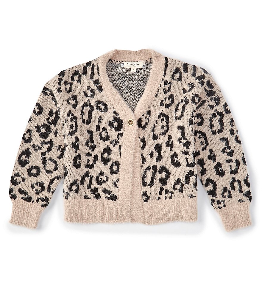 Jessica Simpson Big Girls 7-16 Long-Sleeve Leopard Fuzzy Knit Cardigan Sweater