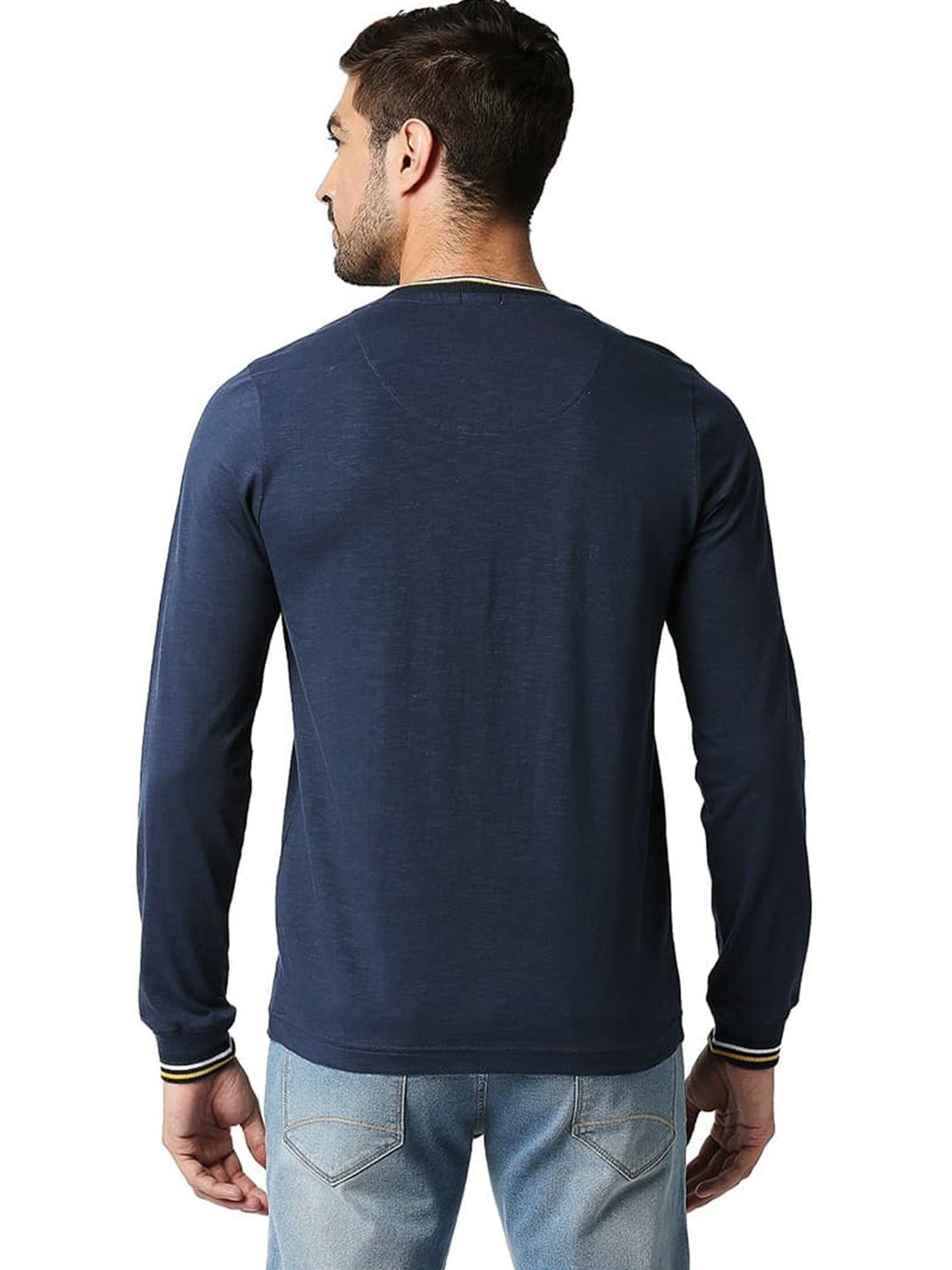 Basics Dress Blue Cotton Muscle Fit Henley T-Shirt