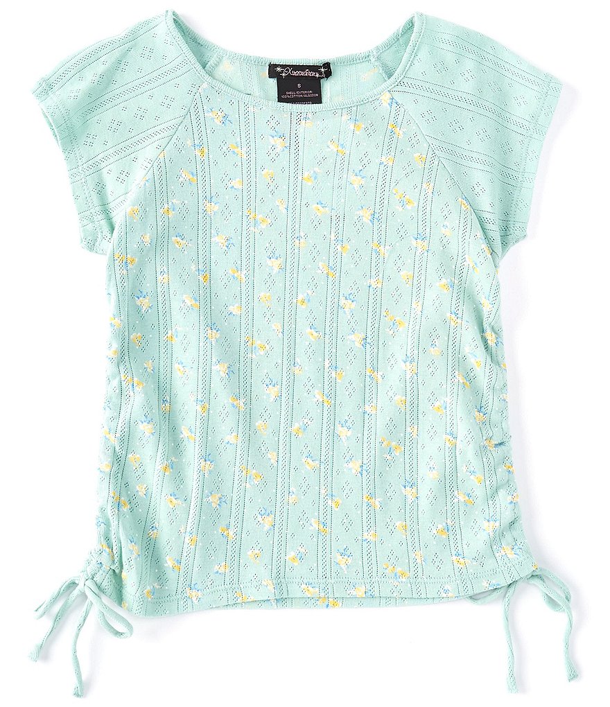 Xtraordinary Big Girls 7-16 Short-Sleeve Ditsy Floral Pointelle Cinched-Side Top