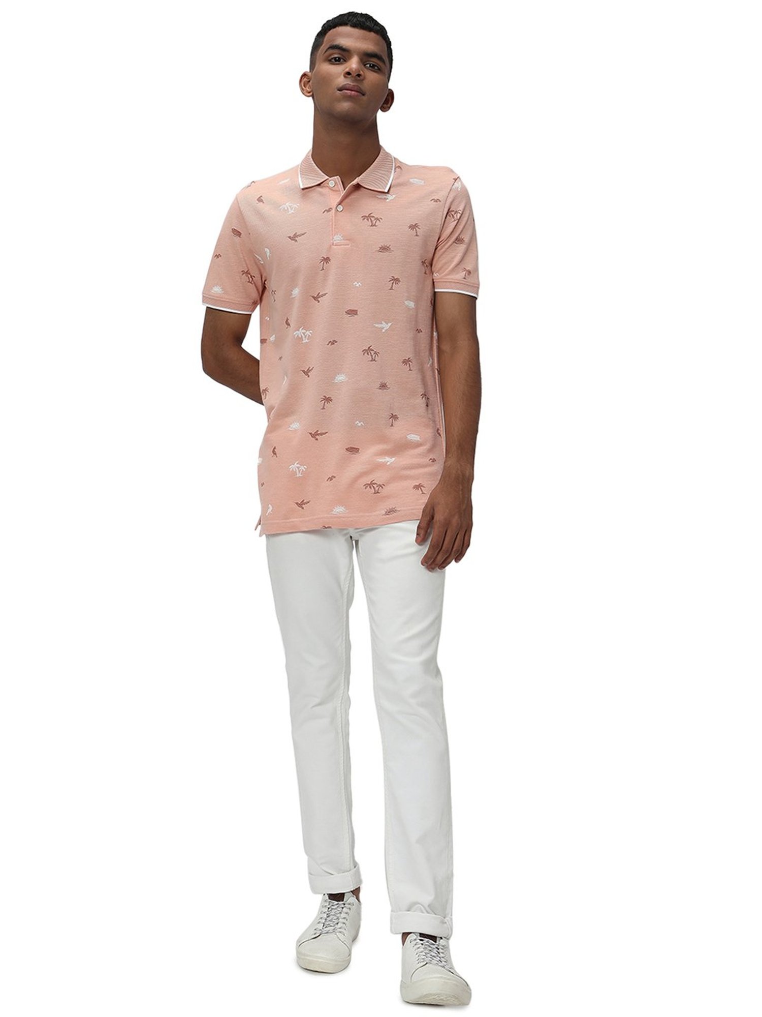 Mufti Peach Slim Fit Printed Cotton Polo T-Shirt