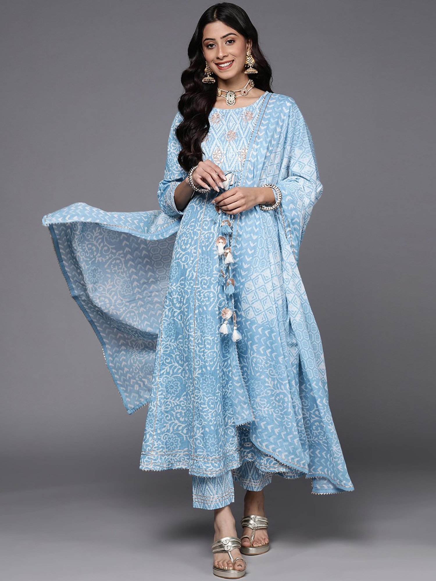 KSUT Blue Cotton Embroidered Kurta Palazzo Set With Dupatta