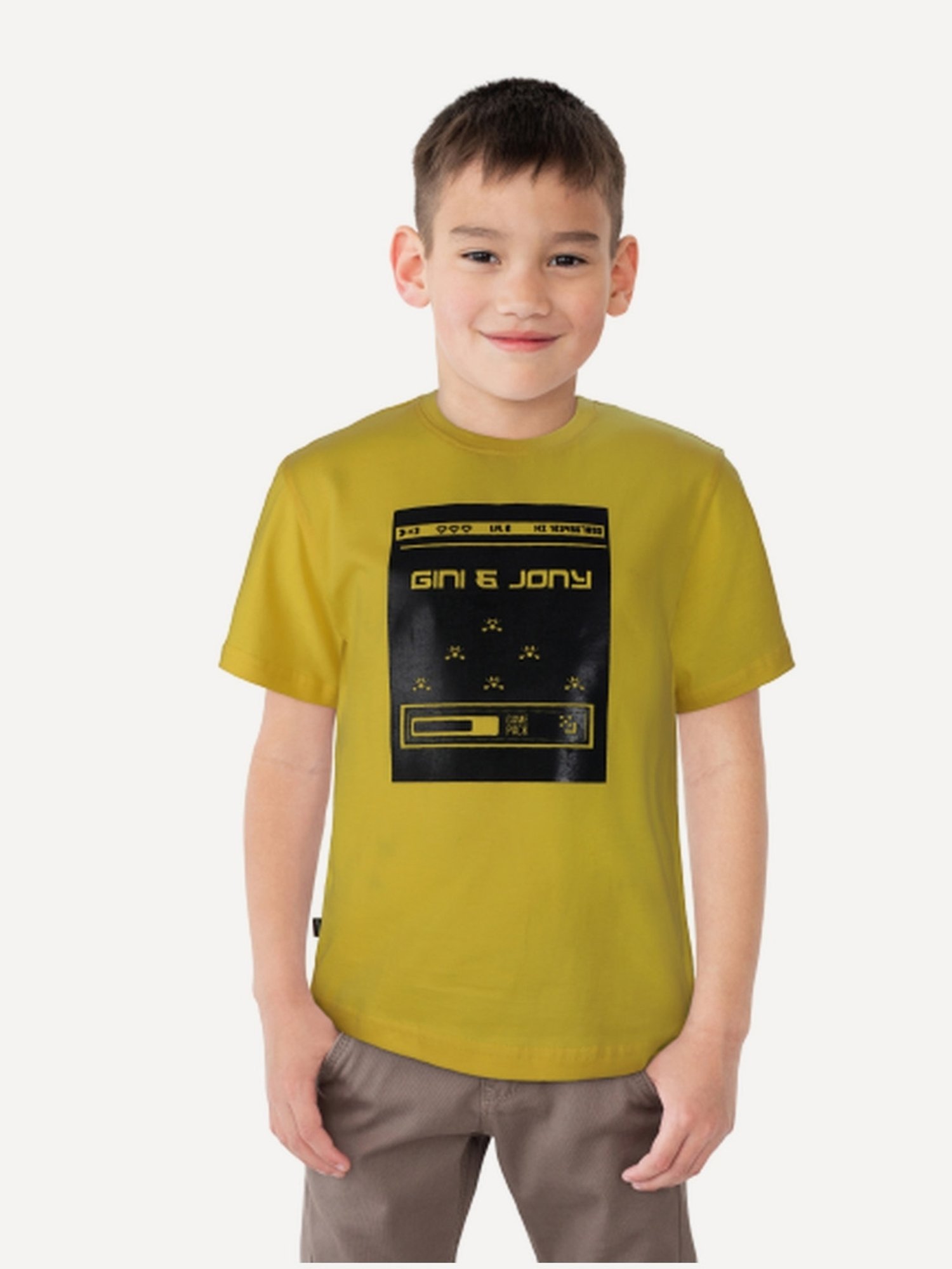 Gini & Jony Kids Yellow & Black Cotton Printed T-Shirt