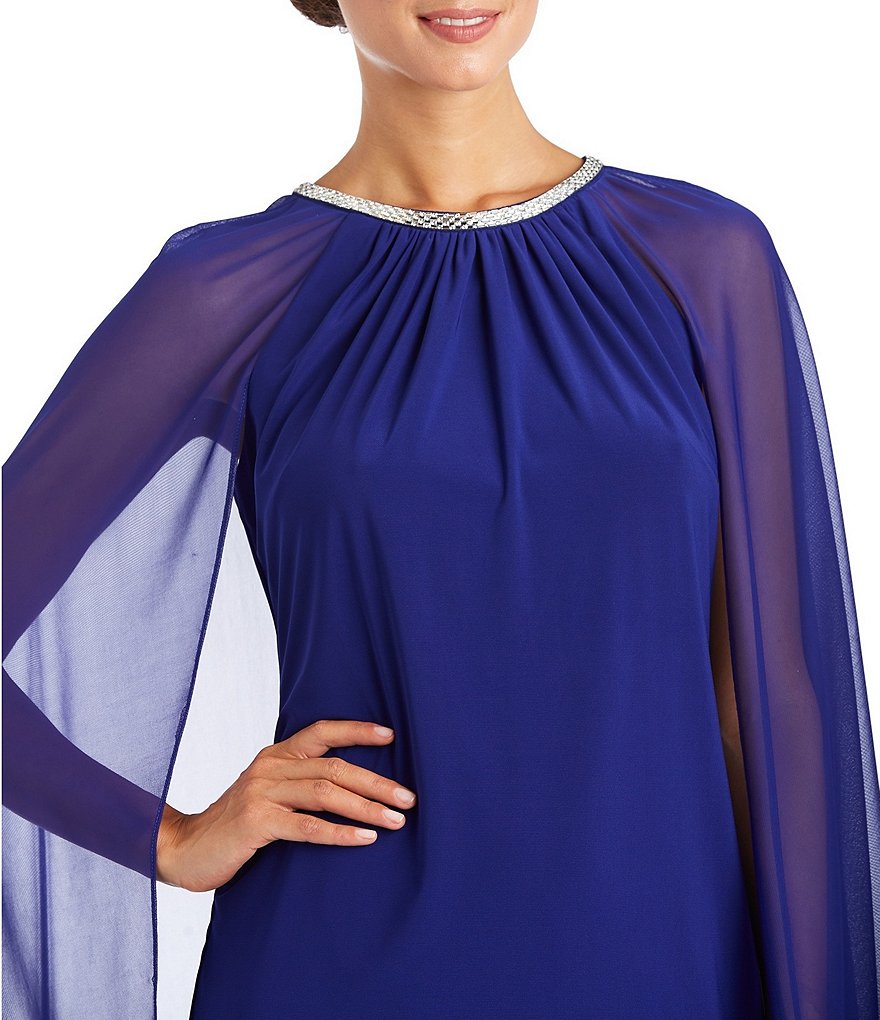 R & M Richards Petite Size Jewel Neck Capelet Sleeve Chiffon Dress