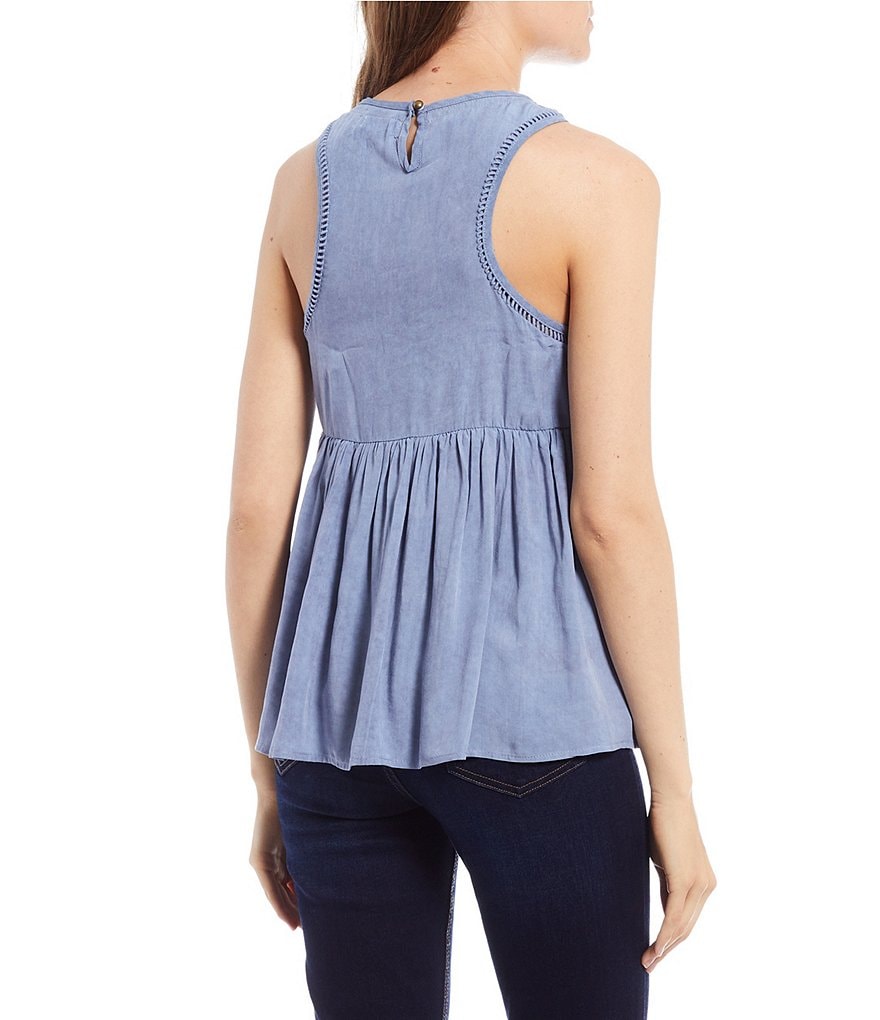 Coco + Jaimeson Sleeveless Scoop-Neck Embroidered Crystal Print Washed Babydoll Tank Top
