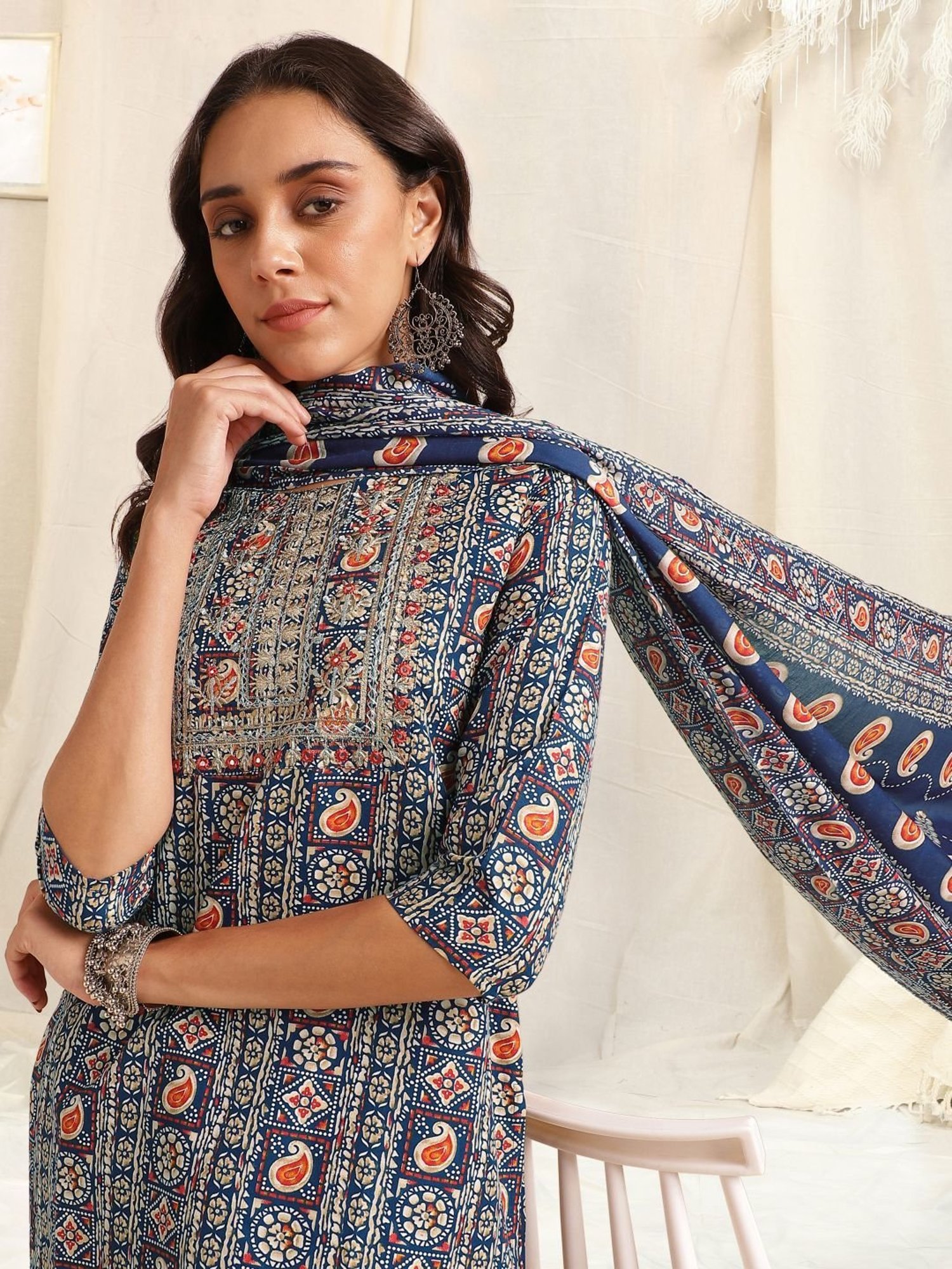 MIRCHI FASHION Blue Cotton Embroidered Kurta Pant Set With Dupatta