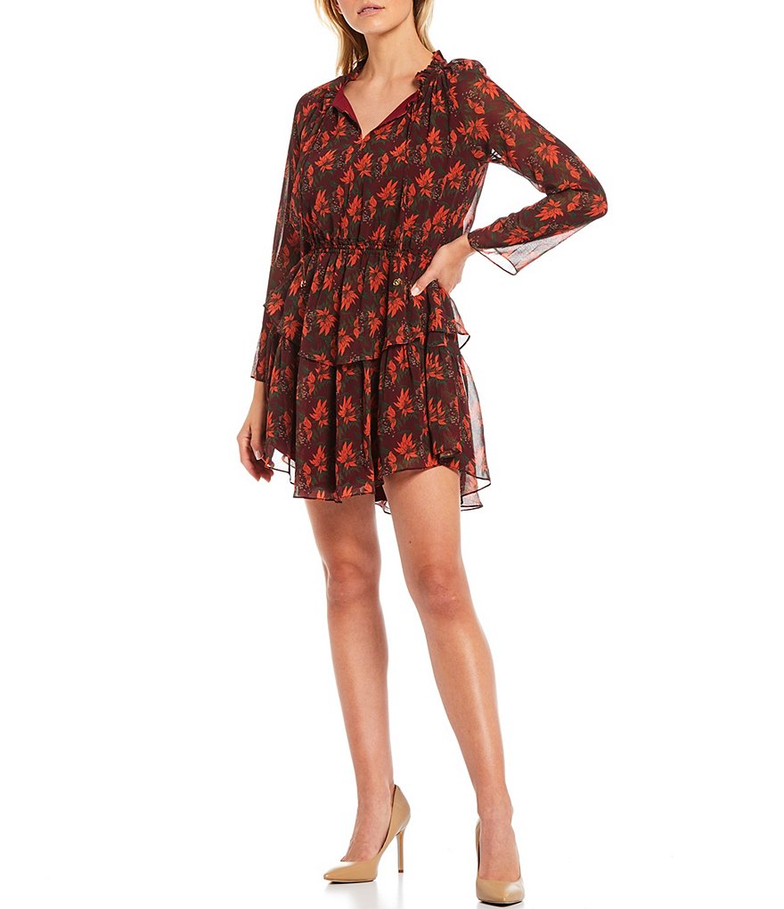 Julie Brown Joanne Floral Print Split V-Neck Long Sleeve Tiered Hem Mini Dress