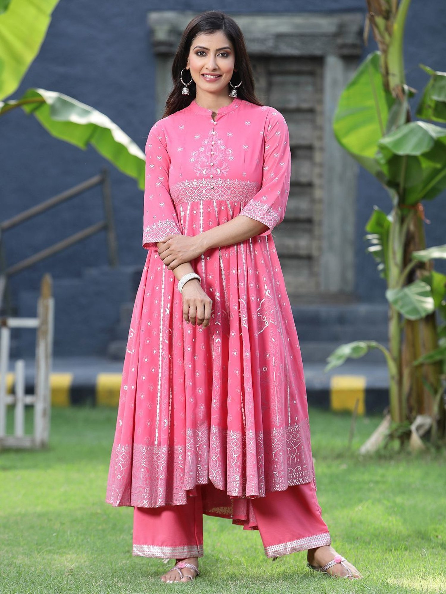 Juniper Coral Ethnic Motif Printed Georgette Anarkali Kurta & Palazzo Set With Buttons