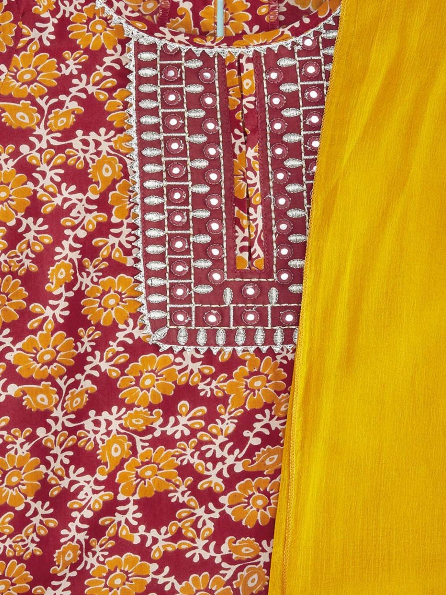 Akkriti by Pantaloons Kids Red & Yellow Cotton Floral Print Kurta Set