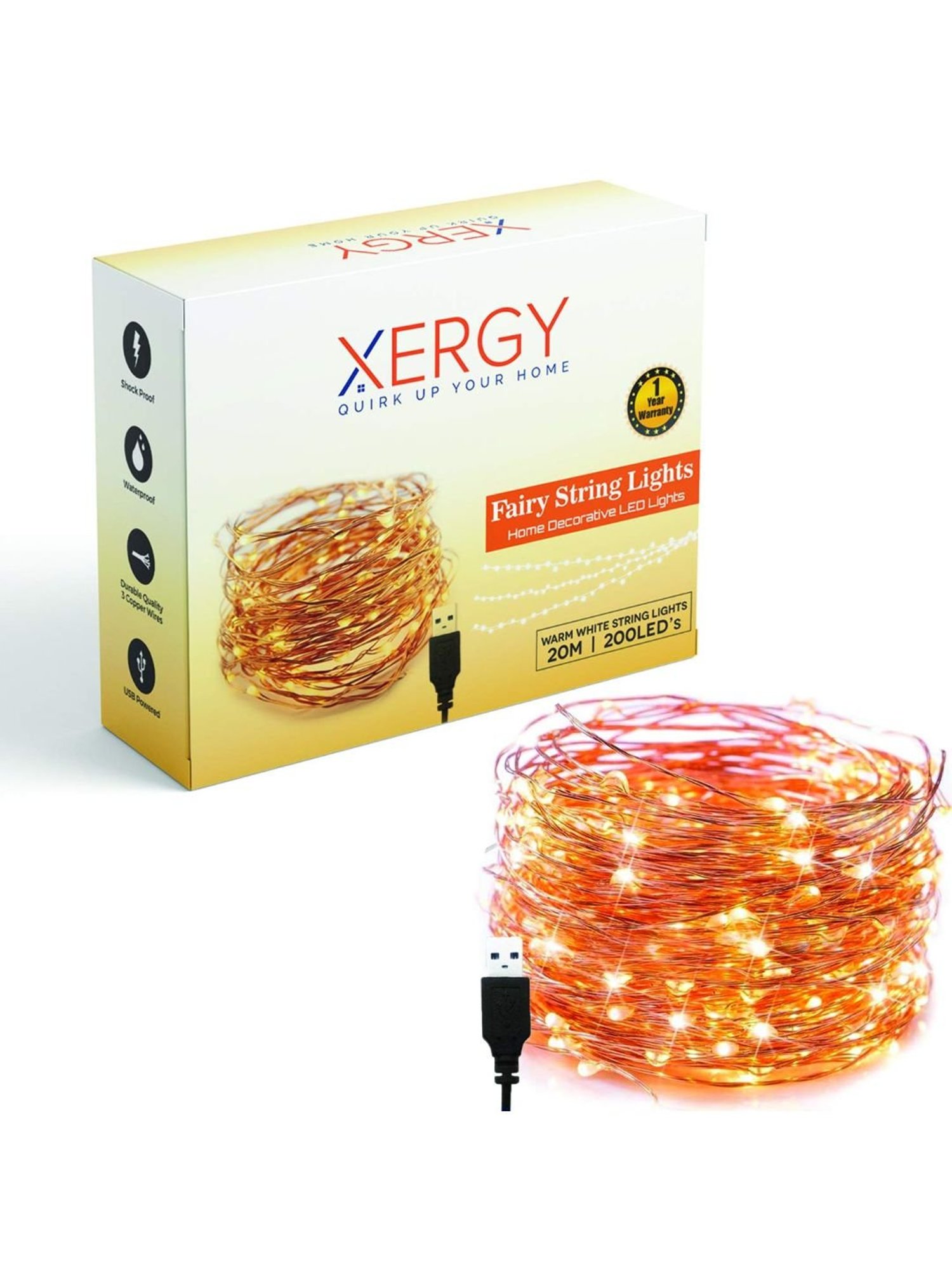 XERGY Premium Quality 200 LED's Waterproof Fairy Decorative Stary String Light with USB (White)