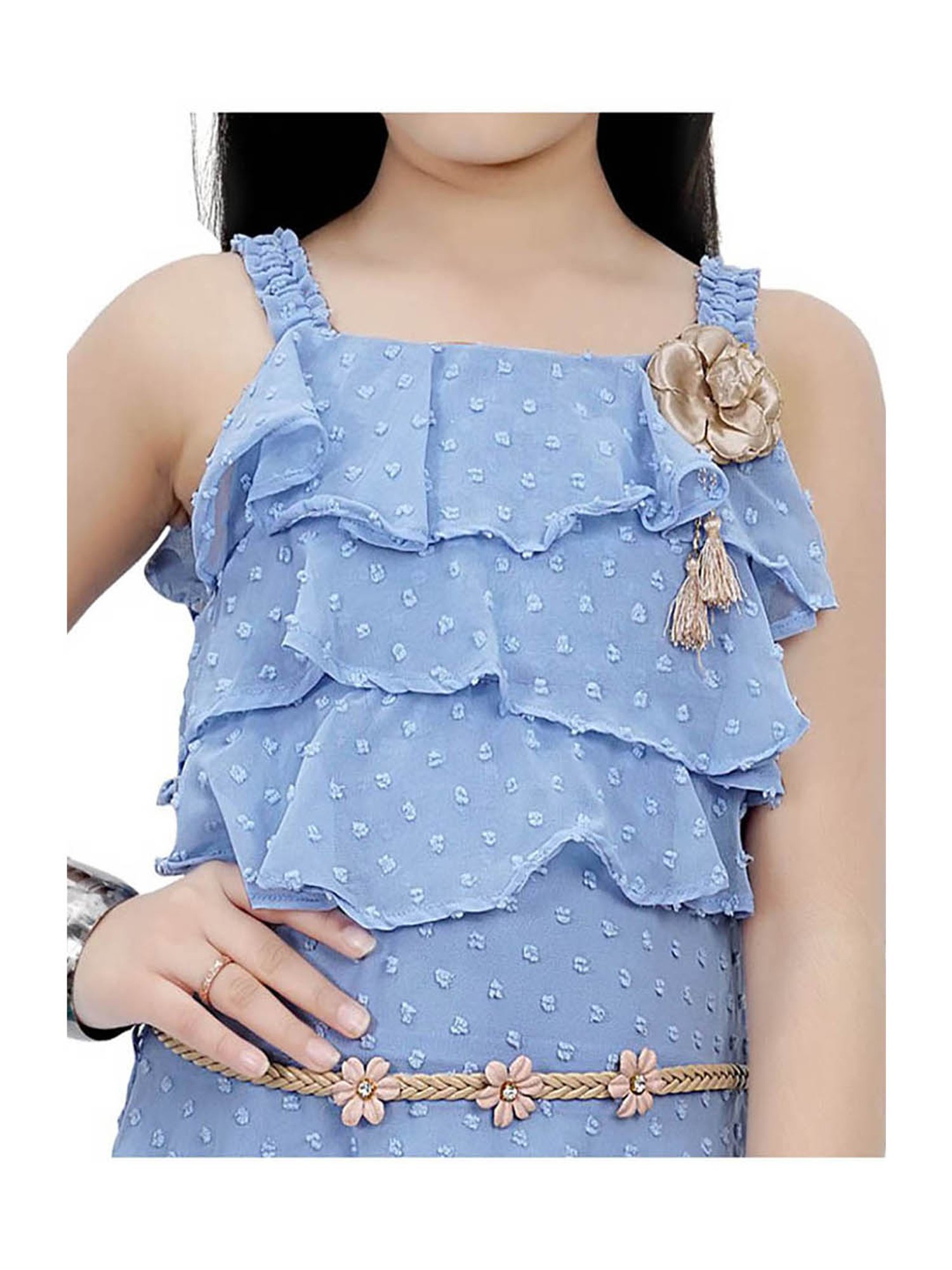 Tiny Girl Blue Self Design Dress, Belt with Brooch