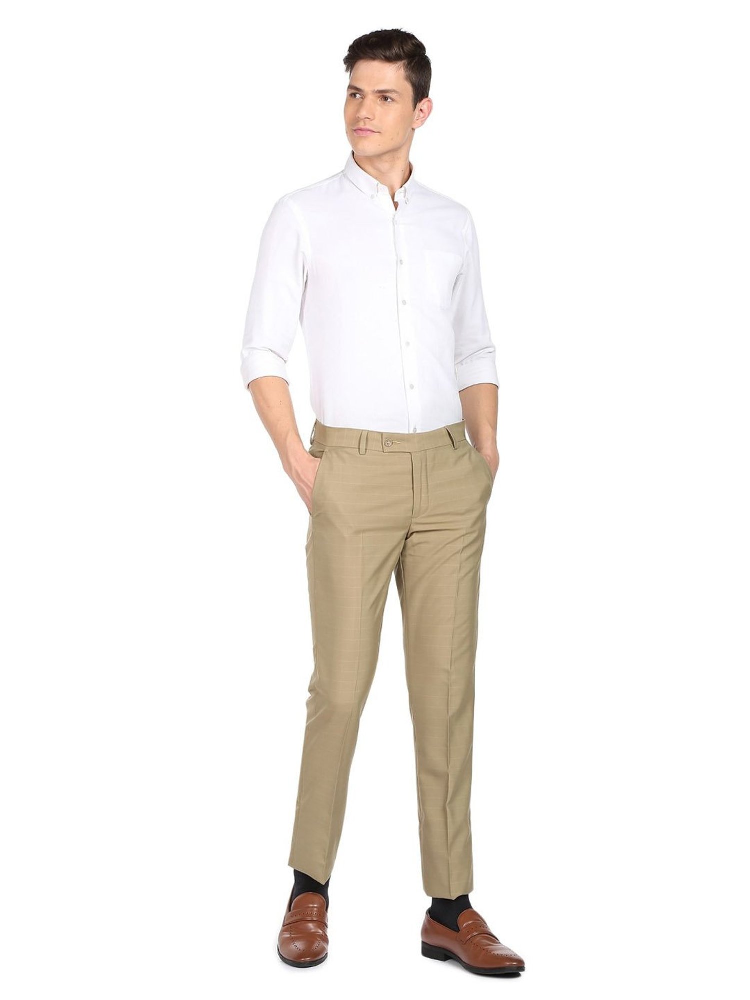 Arrow Khaki Regular Fit Checks Trousers