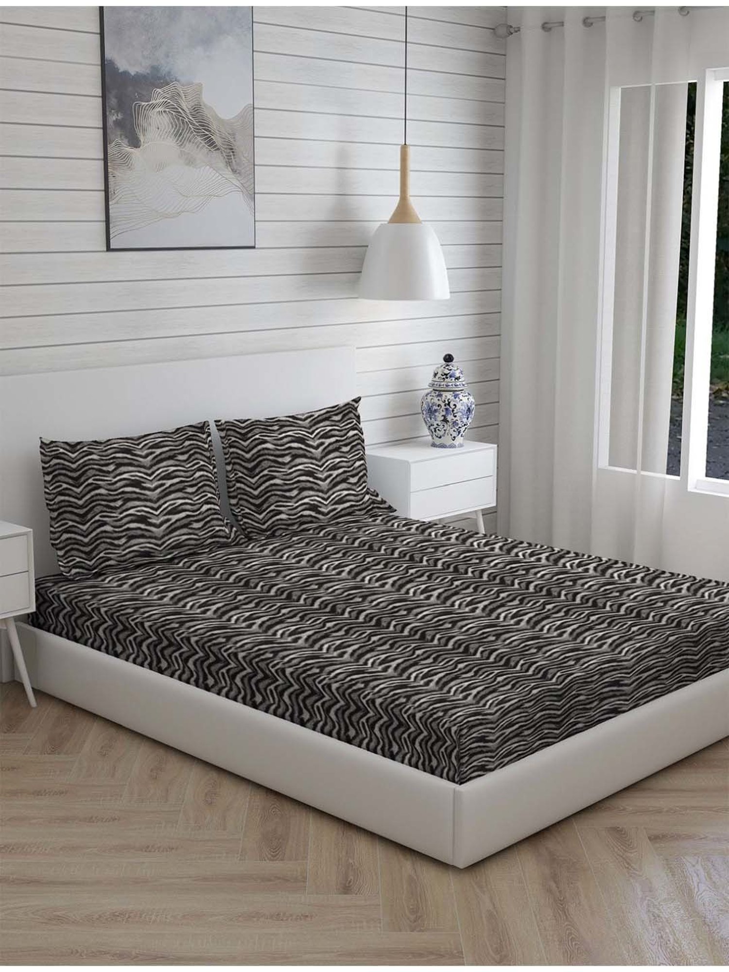 Boutique Living Untamed Grey Cotton 270 TC King Size Bed Sheet with Pillow Cover